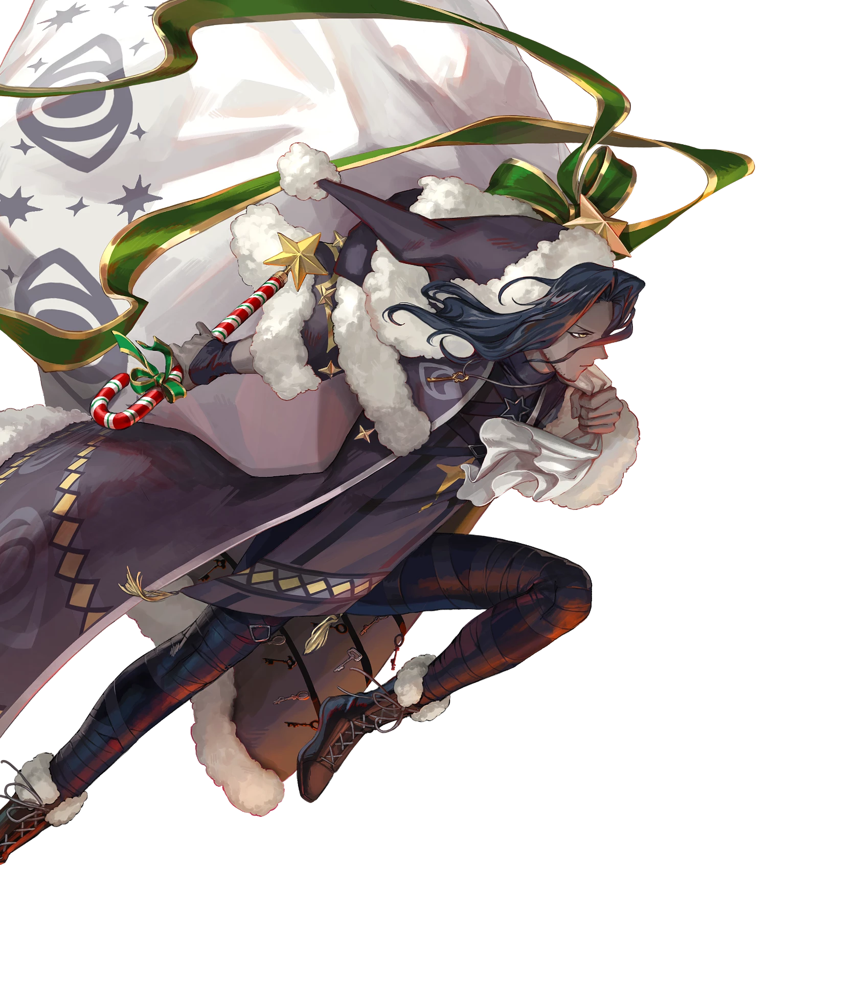 egawa akira, zelkov (fire emblem), fire emblem, fire emblem engage, fire emblem heroes, nintendo, highres, non-web source, official art, 1boy, attack, black hair, boots, candy, candy cane, dark-skinned male, dark skin, food, green ribbon, hat, holding, holding sack, key, long hair, lunge, male focus, ribbon, sack, santa costume, santa hat, solo, zelkov (winter shadow) (fire emblem)
