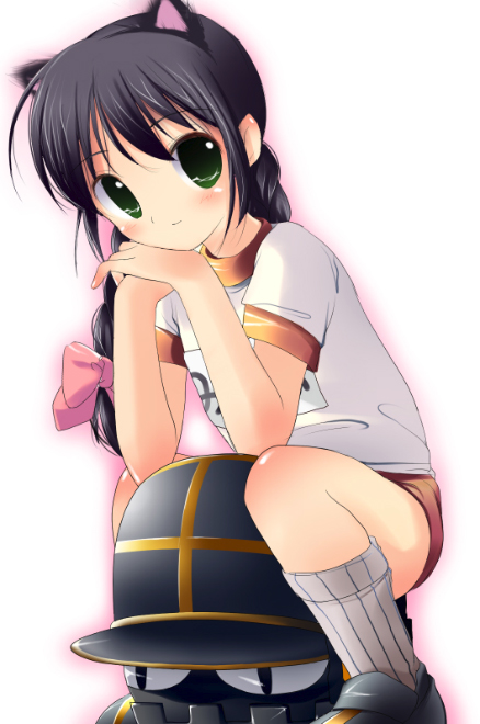 haneyoru, uya (munyu), milly (paperman), paper man, bad id, bad pixiv id, 1girl, animal ears, black hair, blush, braid, buruma, cat ears, child, female focus, green eyes, gym uniform, long hair, name tag, ribbon, sitting, solo, twin braids, twintails