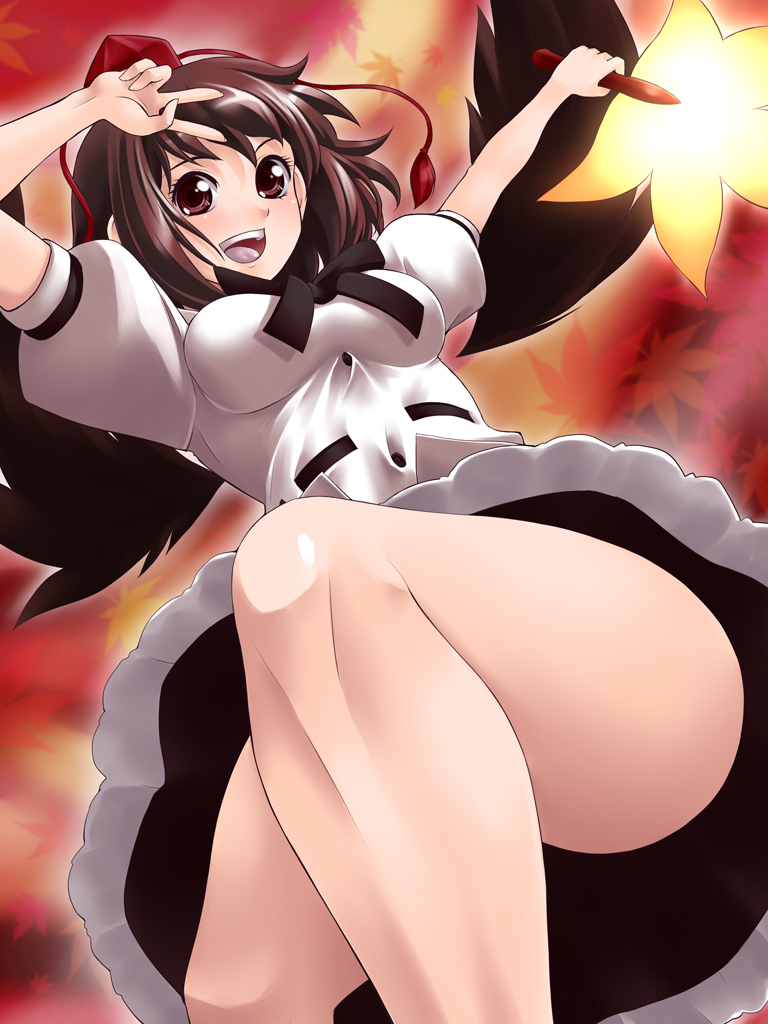 yaso shigeru, shameimaru aya, touhou, 1girl, black wings, brown eyes, brown hair, female focus, hand fan, hat, leaf, looking at viewer, open mouth, red eyes, short hair, smile, solo, thighs, tokin hat, wings