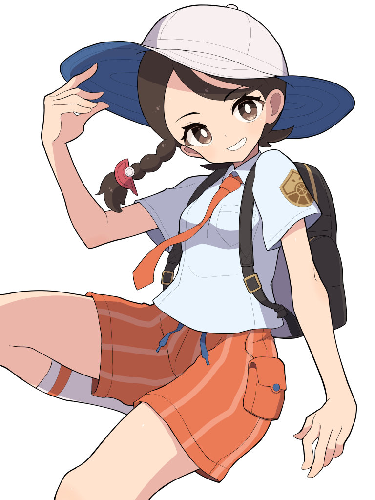hiyoshipow, juliana (pokemon), nintendo, pokemon, pokemon sv, commentary request, 1girl, backpack, bag, black bag, braid, brown eyes, brown hair, hair ornament, hairclip, hat, naranja academy school uniform, necktie, orange necktie, orange shorts, school uniform, shirt, short hair, short sleeves, shorts, single braid, smile, solo, white background, white hat, white shirt
