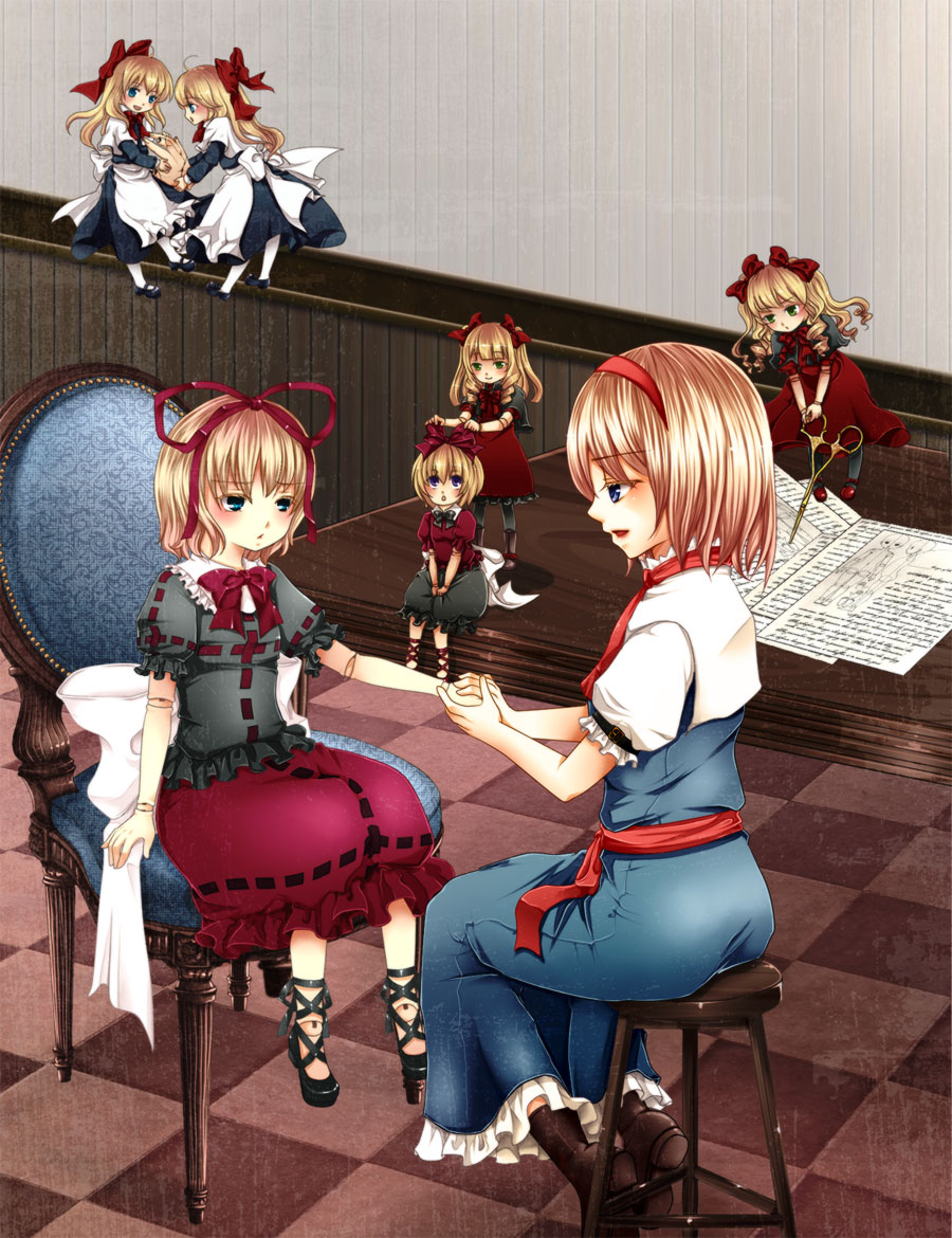 geike, alice margatroid, hourai doll, medicine melancholy, shanghai doll, su-san, touhou, bad id, bad pixiv id, 2girls, blonde hair, blue eyes, doll, doll joints, female focus, hairband, joints, long hair, multiple girls, ribbon, short hair