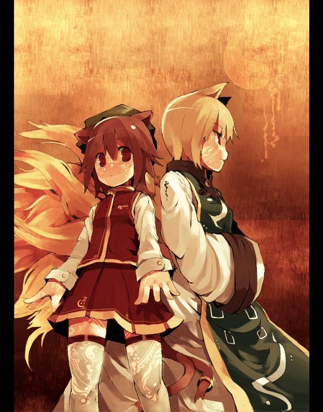 fuukadia (narcolepsy), chen, yakumo ran, touhou, 2girls, alternate costume, animal ears, blonde hair, brown hair, cat ears, cat girl, cat tail, facial mark, female focus, fox ears, fox tail, hands in opposite sleeves, hat, multiple girls, multiple tails, no headwear, red eyes, short hair, tail, thighhighs