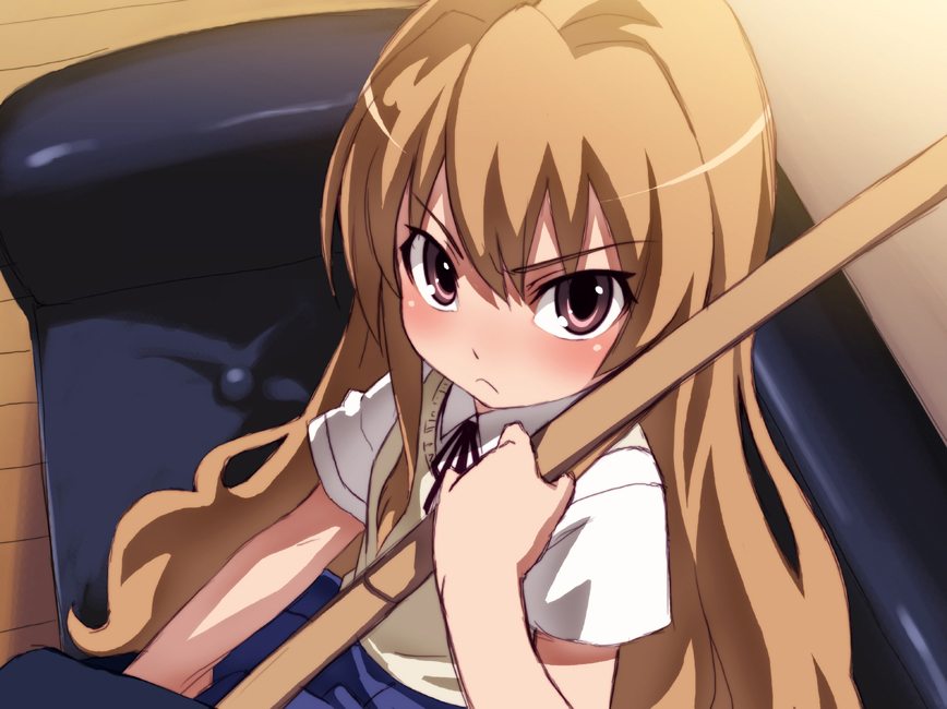 tasaka shinnosuke, aisaka taiga, toradora!, 00s, 1girl, blush, brown hair, female focus, looking at viewer, red eyes, school uniform, sitting, solo