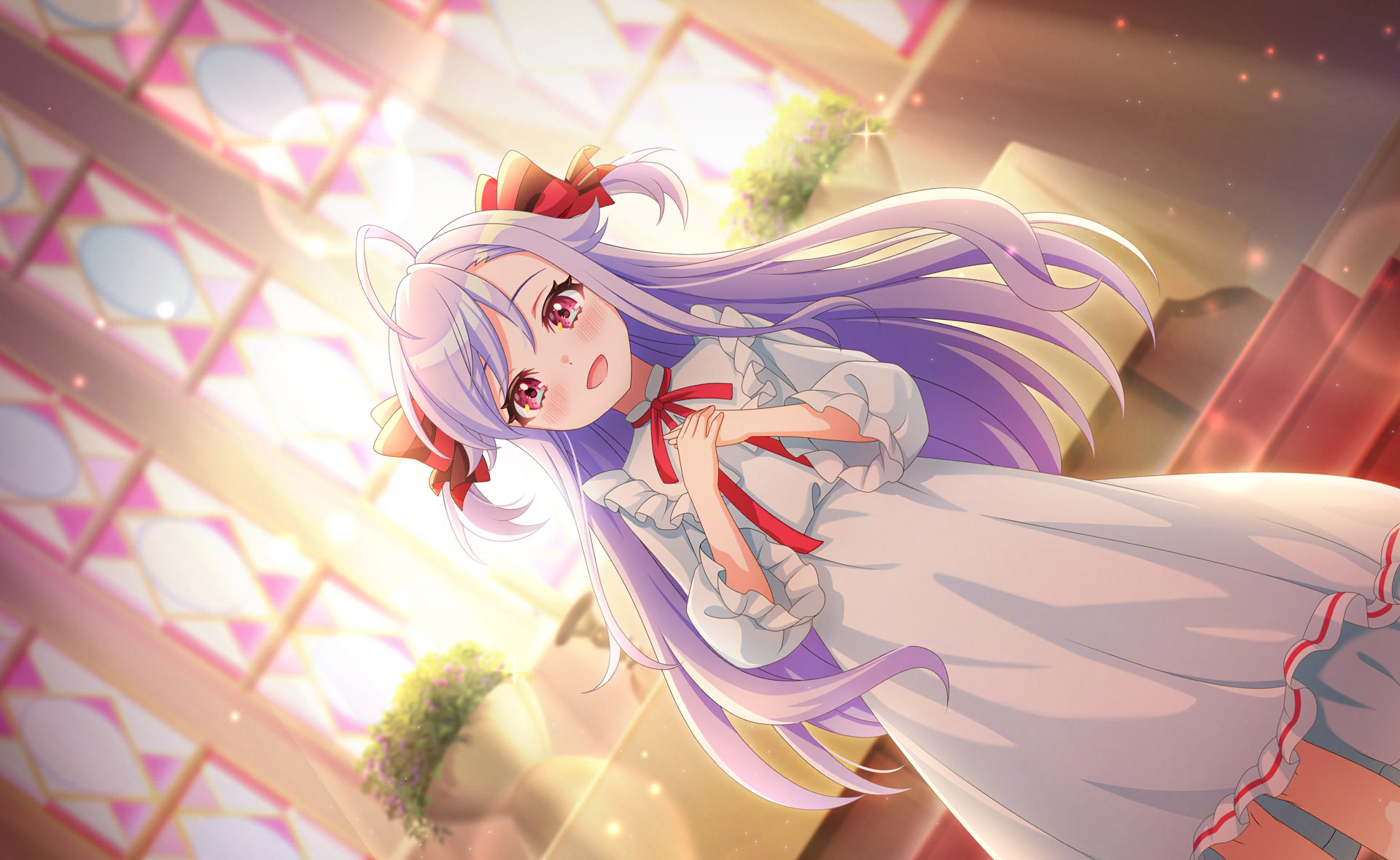 niizuma yae, world dai star, commentary request, game cg, highres, official art, third-party source, 1girl, :d, ahoge, blurry, blush, dress, frills, hair ribbon, hands on own chest, indoors, long hair, long sleeves, looking at viewer, multicolored hair, open mouth, own hands clasped, own hands together, purple hair, red eyes, red ribbon, ribbon, smile, solo, standing, sunlight, two side up, very long hair, white dress, window