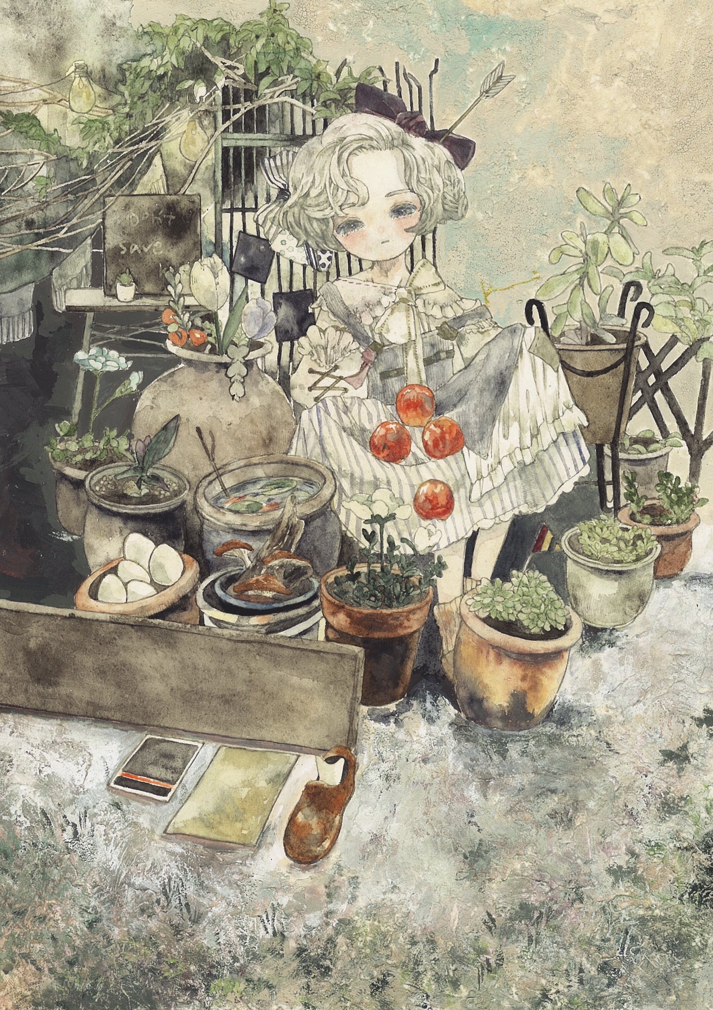 karintoun, original, acrylic paint (medium), commentary request, highres, painting (medium), traditional media, watercolor (medium), 1girl, blush, book, bow, chair, closed mouth, dress, expressionless, flower, food, garden, gardening, grey hair, hair bow, hair ribbon, lace, long sleeves, looking at viewer, mushroom, note, notebook, plant, potted plant, ribbon, short hair, signature, sitting, solo, striped clothes, striped dress, tablecloth, tomato, upper body, watering can, wavy hair, wooden chair