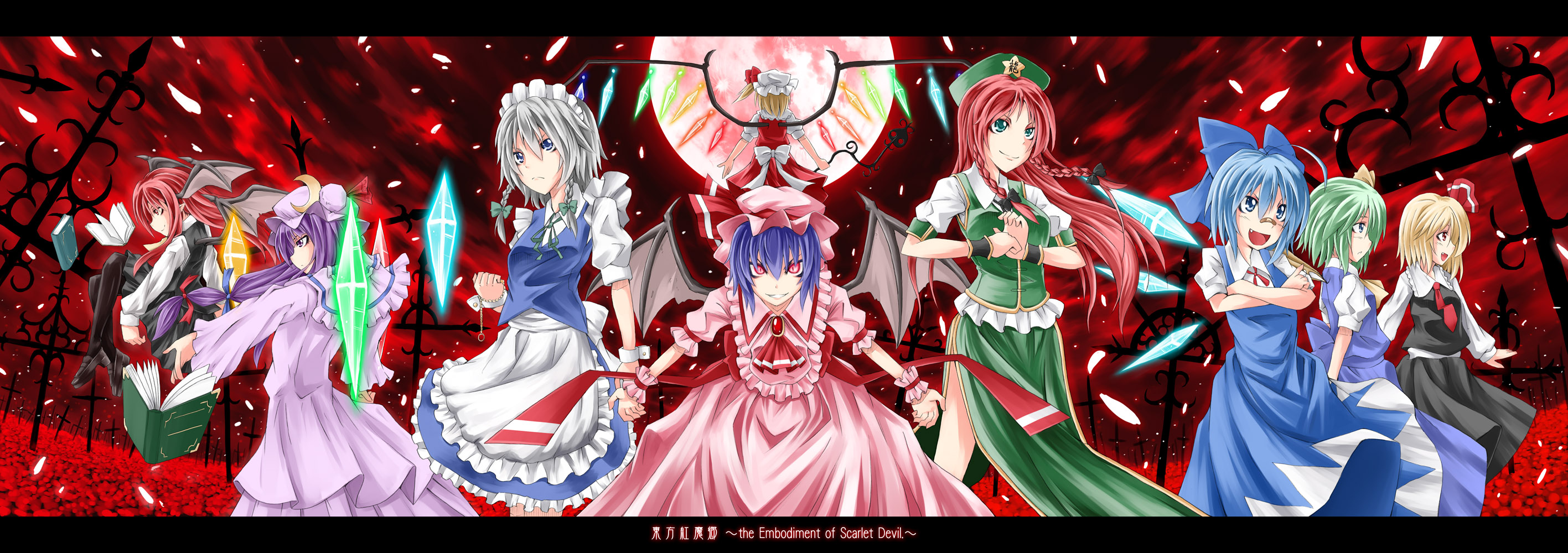 iseki mitsuharu, cirno, daiyousei, flandre scarlet, hong meiling, izayoi sakuya, koakuma, patchouli knowledge, remilia scarlet, rumia, embodiment of scarlet devil, touhou, silver hair, highres, long image, wide image, 6+girls, apron, aqua eyes, arm garter, armlet, bandaid, bat wings, blonde hair, blue eyes, blue hair, book, bow, braid, clenched hand, crossed arms, dress, fang, frills, gathers, glowing, glowing eyes, green hair, grin, hair bow, hair ribbon, hat, head wings, jewelry, large bow, letterboxed, long hair, maid, maid apron, maid headdress, moon, multiple girls, neck ribbon, necktie, outstretched arms, pantyhose, purple hair, red eyes, red hair, red moon, red sky, ribbon, sky, smile, spread arms, twin braids, wings, wrist cuffs