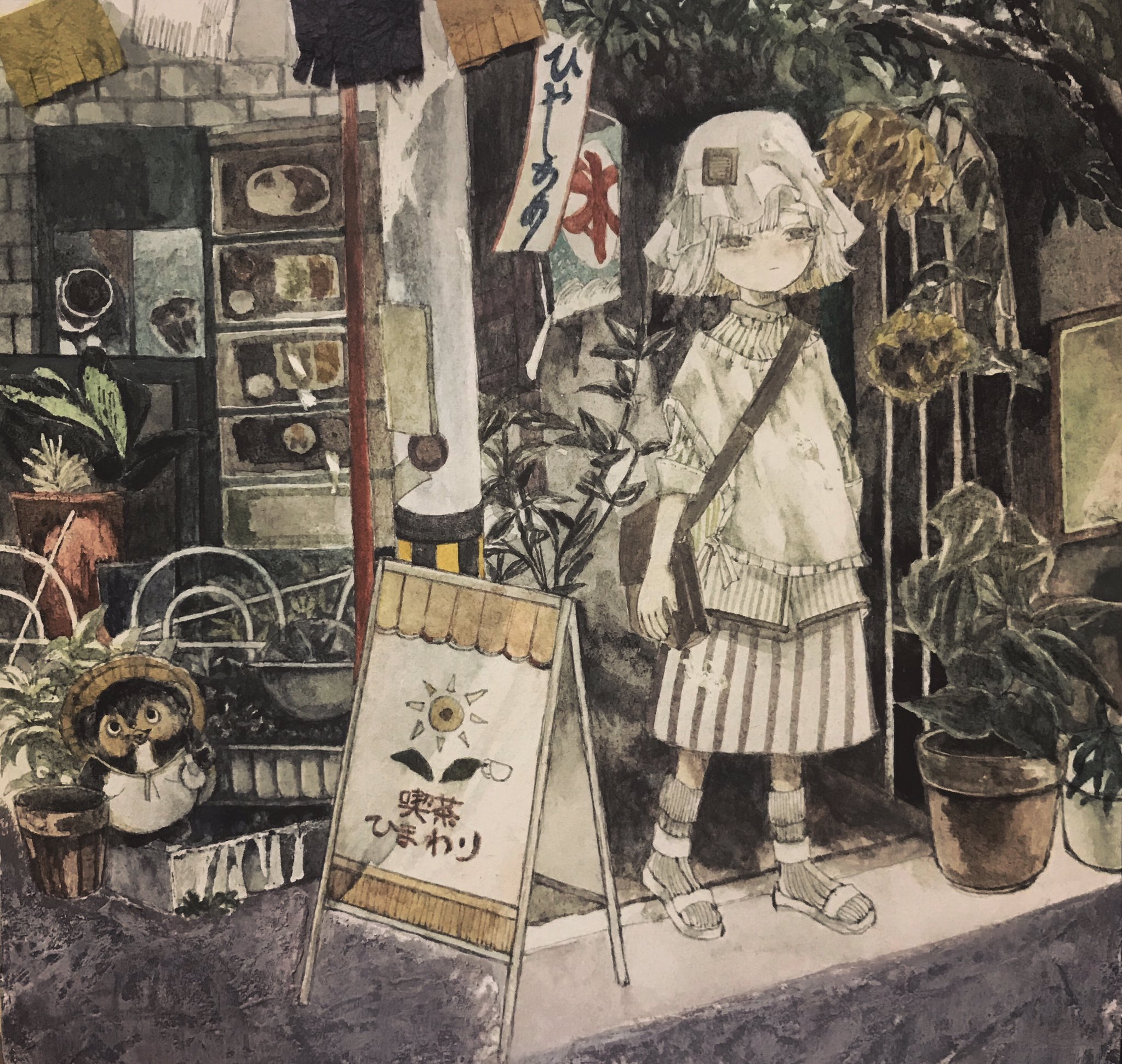 karintoun, original, acrylic paint (medium), commentary request, highres, painting (medium), traditional media, watercolor (medium), 1girl, asymmetrical bangs, bag, bird, brown eyes, closed mouth, expressionless, flag, floppy hat, flower, foliage, green eyes, hat, long sleeves, outdoors, pale skin, penguin, plant, potted plant, sandals, shop, short hair, shoulder bag, sign, skirt, socks, solo, standing, straight-on, striped clothes, striped skirt, urban, white background, white hair