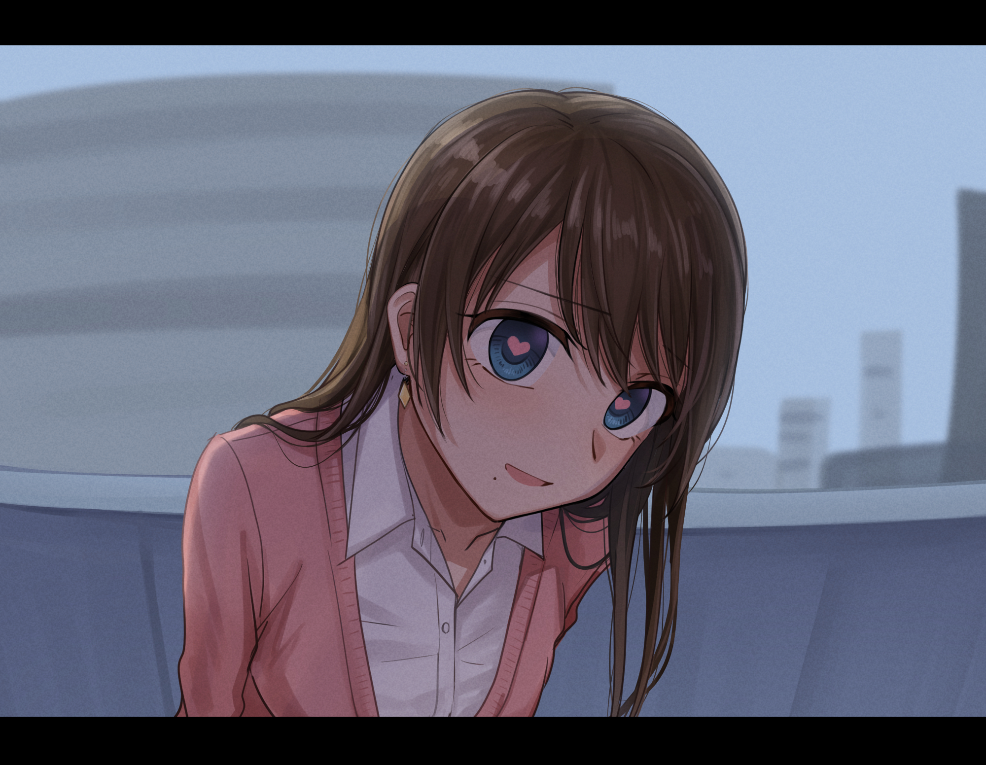 setu kurokawa, original, commentary request, highres, 1girl, :d, blue eyes, brown hair, collared shirt, earrings, heart, heart-shaped pupils, jacket, jewelry, letterboxed, long hair, office lady, open mouth, pink jacket, shirt, smile, solo, symbol-shaped pupils, tongue, white shirt