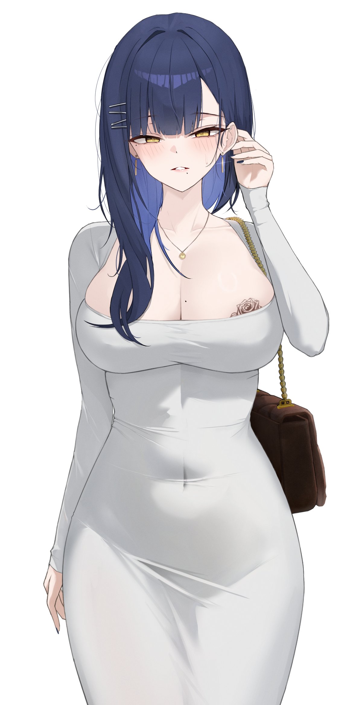 gamble 0, gangzi (vtuber), stellive, commentary, highres, 1girl, arm at side, bag, black nails, blue hair, blush, breast tattoo, breasts, cleavage, covered navel, cowboy shot, dongtan dress, dress, earrings, fingernails, glint, grey dress, hair ornament, hair over shoulder, hairclip, hand up, handbag, huge breasts, jewelry, long sleeves, looking at viewer, mole, mole on breast, mole under eye, mole under mouth, nail polish, necklace, parted lips, simple background, solo, standing, tattoo, taut clothes, taut dress, virtual youtuber, white background, yellow eyes