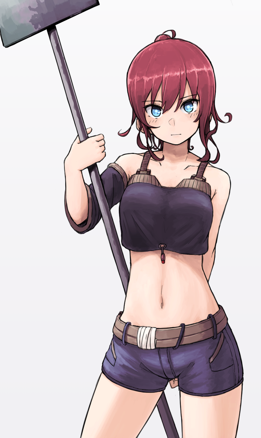 tabiaki (cosy catastrophe), original, commentary, english commentary, highres, 1girl, arm behind back, blue eyes, breasts, closed mouth, cowboy shot, crop top, detached sleeves, grey background, holding, looking at viewer, medium breasts, navel, ponytail, purple shorts, red hair, short shorts, shorts, sidelocks, simple background, solo, stomach