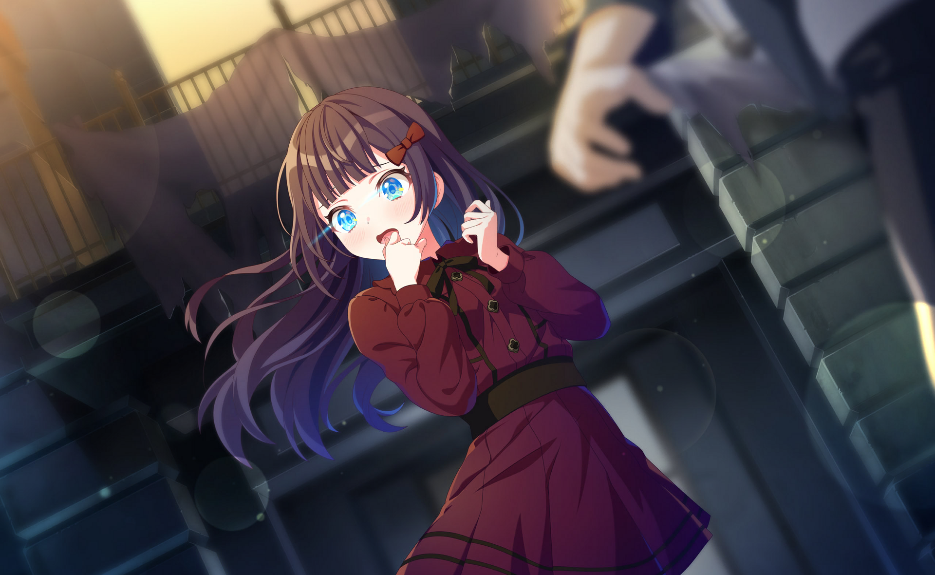 yanagiba panda, world dai star, commentary request, game cg, highres, official art, third-party source, 1boy, 1girl, belt, black hair, blue eyes, blurry, blurry foreground, blush, brown hair, depth of field, dress, hair ornament, hairclip, long hair, long sleeves, open mouth, red dress, solo focus