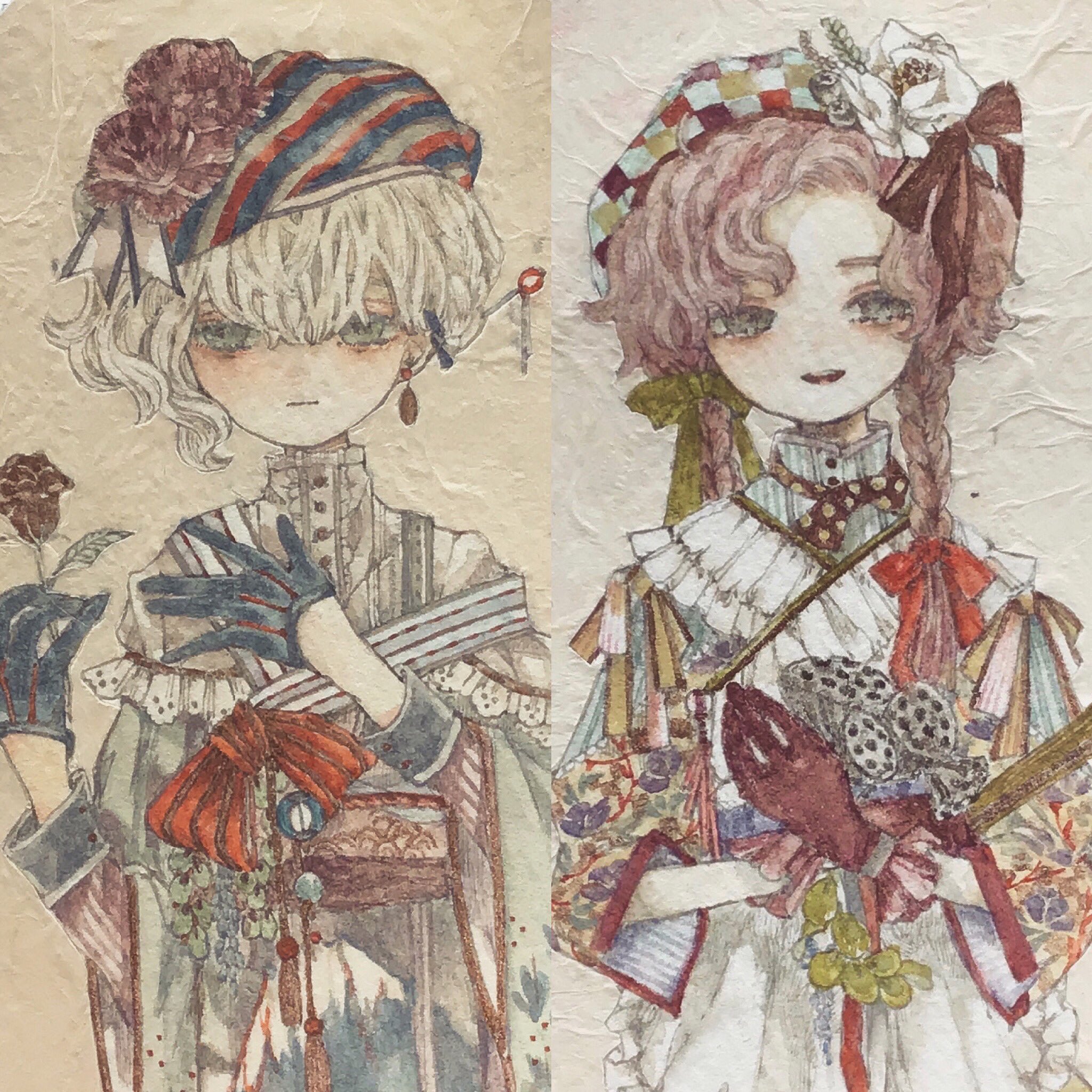 karintoun, original, acrylic paint (medium), commentary request, highres, painting (medium), traditional media, watercolor (medium), 2girls, ascot, beret, blue eyes, blush, bow, braid, brown eyes, brown gloves, closed mouth, curly hair, dress, earrings, expressionless, flower, gloves, grey hair, hair between eyes, hair flower, hair ornament, hat, high collar, holding, holding flower, jewelry, lace, lily pad, long hair, long sleeves, lotus pod, multiple girls, necklace, open mouth, pink hair, plant, ribbon, short hair, smile, straight-on, striped hat, upper body