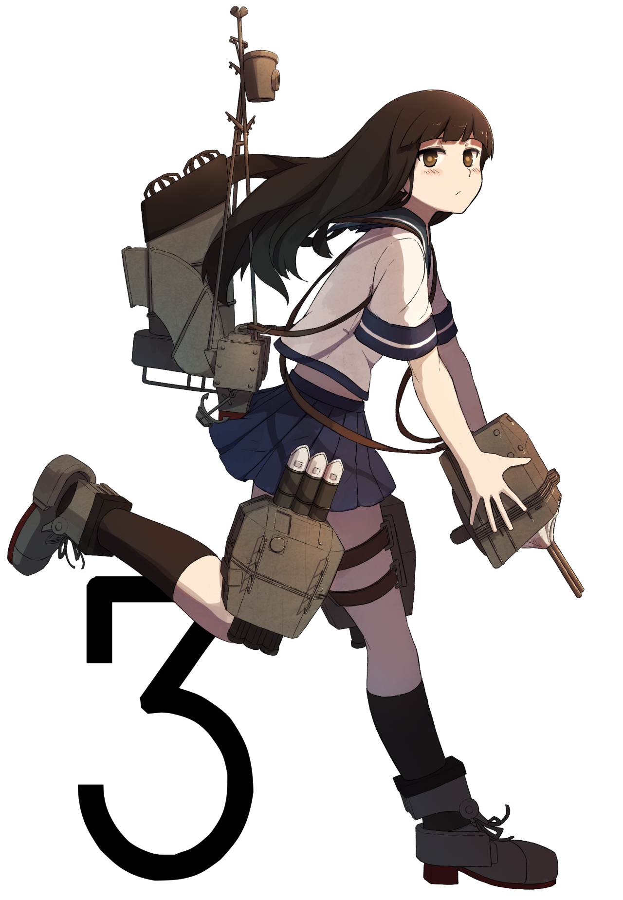 tabiaki (cosy catastrophe), hatsuyuki (kancolle), kantai collection, commentary, english commentary, highres, 1girl, black hair, black socks, blue sailor collar, blue skirt, blunt bangs, blush, brown eyes, closed mouth, from side, kneehighs, long hair, looking at viewer, pleated skirt, rigging, sailor collar, school uniform, serafuku, shoes, short sleeves, simple background, skirt, socks, solo, thigh strap, white background