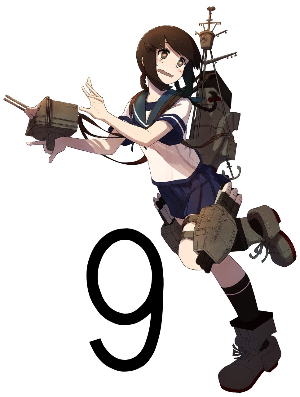 tabiaki (cosy catastrophe), isonami (kancolle), kantai collection, commentary, english commentary, highres, 1girl, black hair, black socks, blue sailor collar, blue skirt, blush, braid, brown eyes, hair ribbon, kneehighs, long hair, open mouth, pleated skirt, ribbon, rigging, sailor collar, school uniform, serafuku, shoes, short sleeves, sidelocks, simple background, skirt, socks, solo, standing, standing on one leg, twin braids, white background