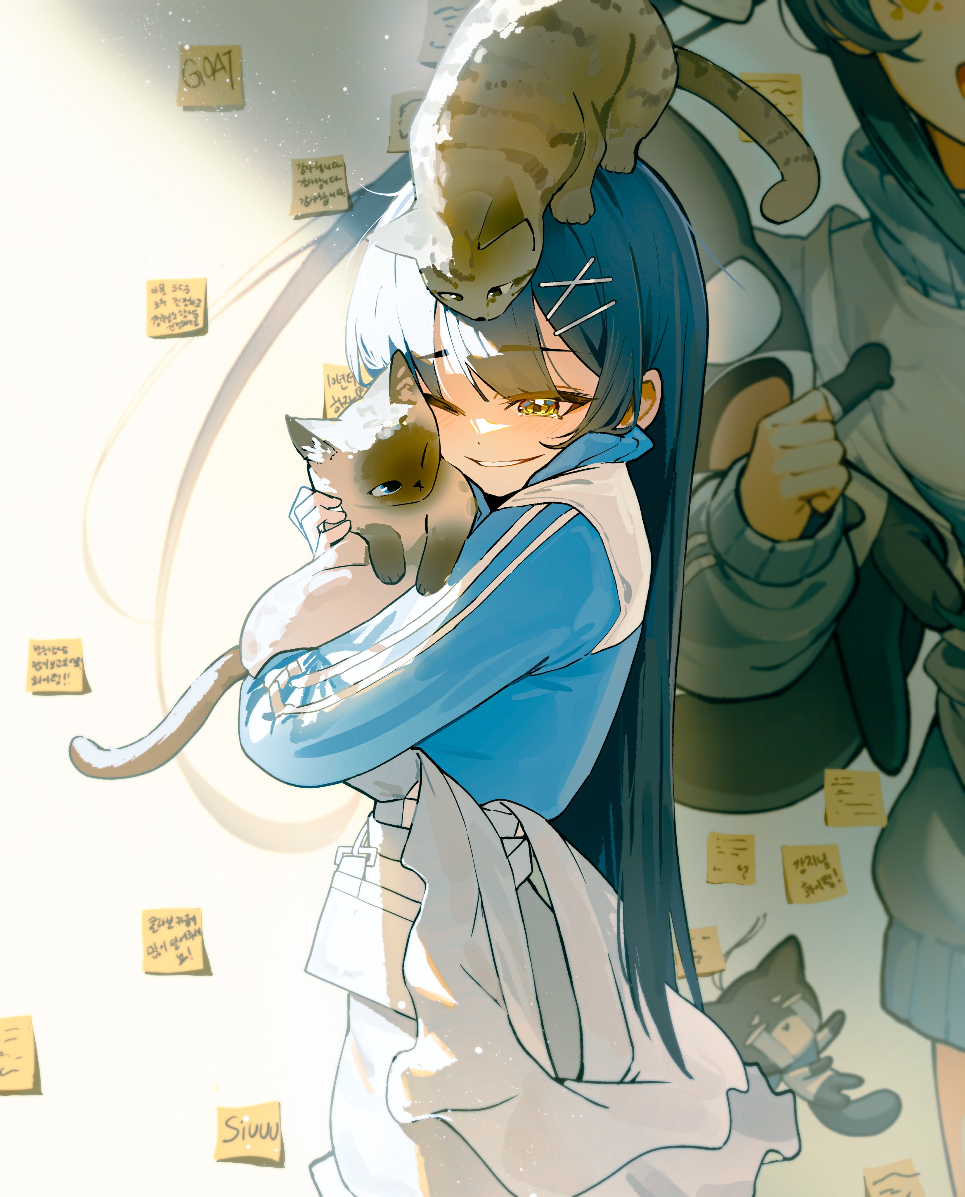 firehippo, gangzi (vtuber), stellive, absurdres, commentary, english commentary, highres, korean commentary, translation request, 1girl, animal, animal hug, animal on head, apron, aqua hair, blue jacket, cat, colorpoint (pattern), cowboy shot, from side, hair ornament, hairclip, happy, jacket, long hair, long sleeves, on head, one eye closed, parted lips, siamese cat, smile, solo, standing, sticky note, straight hair, turning head, virtual youtuber, white apron, x hair ornament, yellow eyes