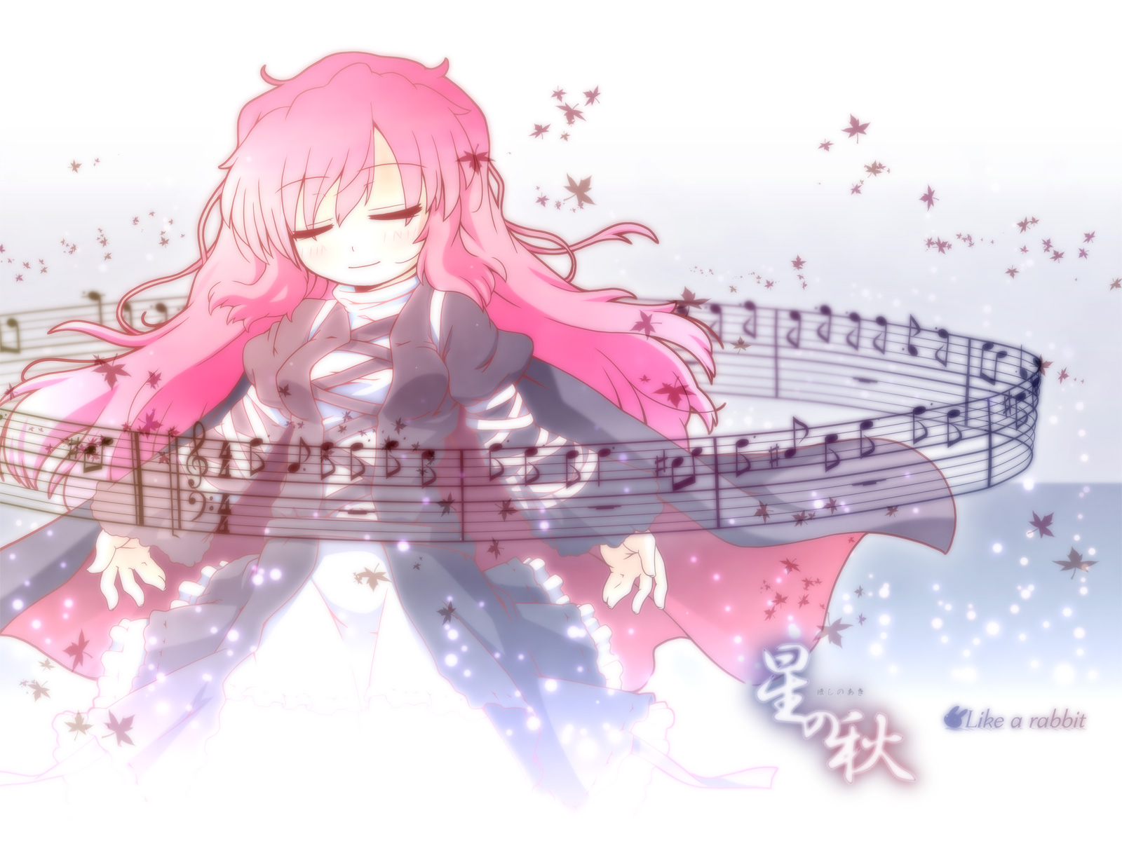 etogami kazuya, hijiri byakuren, touhou, highres, 1girl, alternate hair color, bass clef, beamed quavers, cape, closed eyes, dress, female focus, leaf, long hair, musical note, musical staff, pink hair, quaver, sharp sign, sheet music, smile, solo, sorcerer's sutra scroll, treble clef