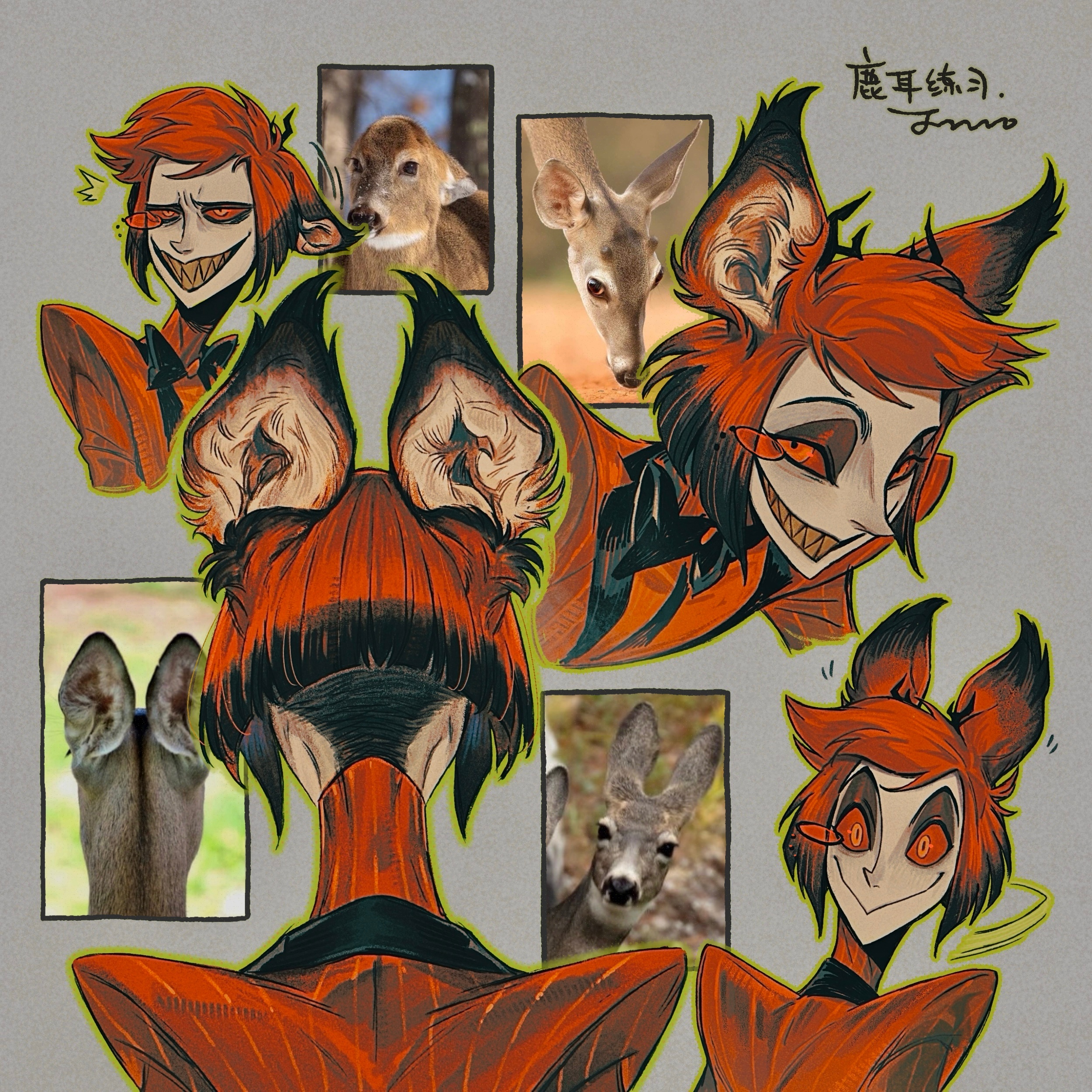 juanmao, alastor (hazbin hotel), hazbin hotel, hellaverse, absurdres, highres, 1boy, antlers, deer, deer antlers, deer boy, demon boy, evil grin, evil smile, formal clothes, grin, horns, looking at viewer, male focus, monocle, red hair, red suit, sharp teeth, smile, solo, suit, teeth