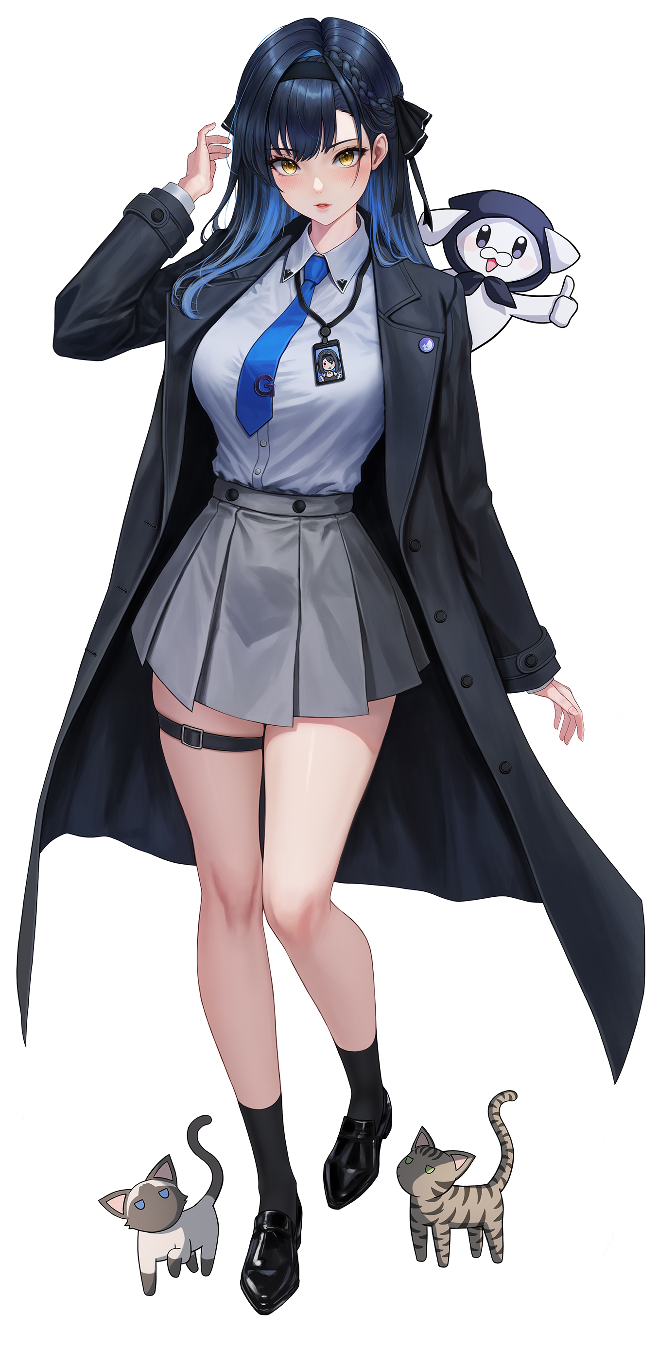 eruthu, gangzi (vtuber), stellive, absurdres, commentary, highres, symbol-only commentary, 1girl, arm at side, black coat, black hair, black shoes, black socks, blue necktie, breasts, cat, coat, collared shirt, colorpoint (pattern), full body, grey skirt, hand up, lanyard, large breasts, long sleeves, looking at viewer, miniskirt, multicolored hair, necktie, open clothes, open coat, parted lips, pleated skirt, shirt, shirt tucked in, shoes, siamese cat, simple background, skirt, socks, solo, standing, streaked hair, thigh strap, trench coat, virtual youtuber, white background, white shirt, wing collar, yellow eyes