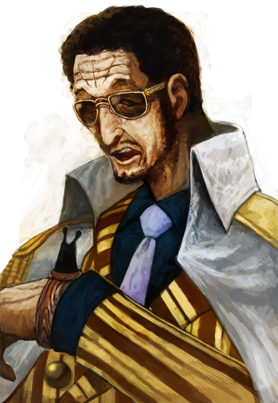 lack, kizaru (one piece), one piece, 1boy, beard, beard stubble, black hair, coat, facial hair, formal clothes, male focus, necktie, short hair, simple background, solo, stubble, suit, sunglasses