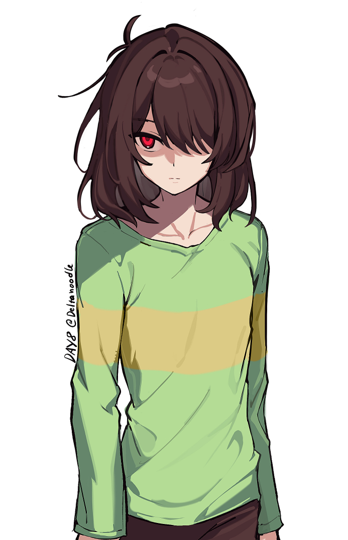kris (deltarune), deltarune, utdr (toby fox), commentary, english commentary, 1other, antenna hair, arms at sides, brown hair, brown pants, closed mouth, collarbone, cowboy shot, deltanoodle, facing viewer, green shirt, hair intakes, hair over one eye, long sleeves, looking to the side, medium hair, one eye covered, other focus, pants, red eyes, shaded face, shirt, simple background, solo, standing, swept bangs, twitter username, two-tone shirt, white background, yellow shirt
