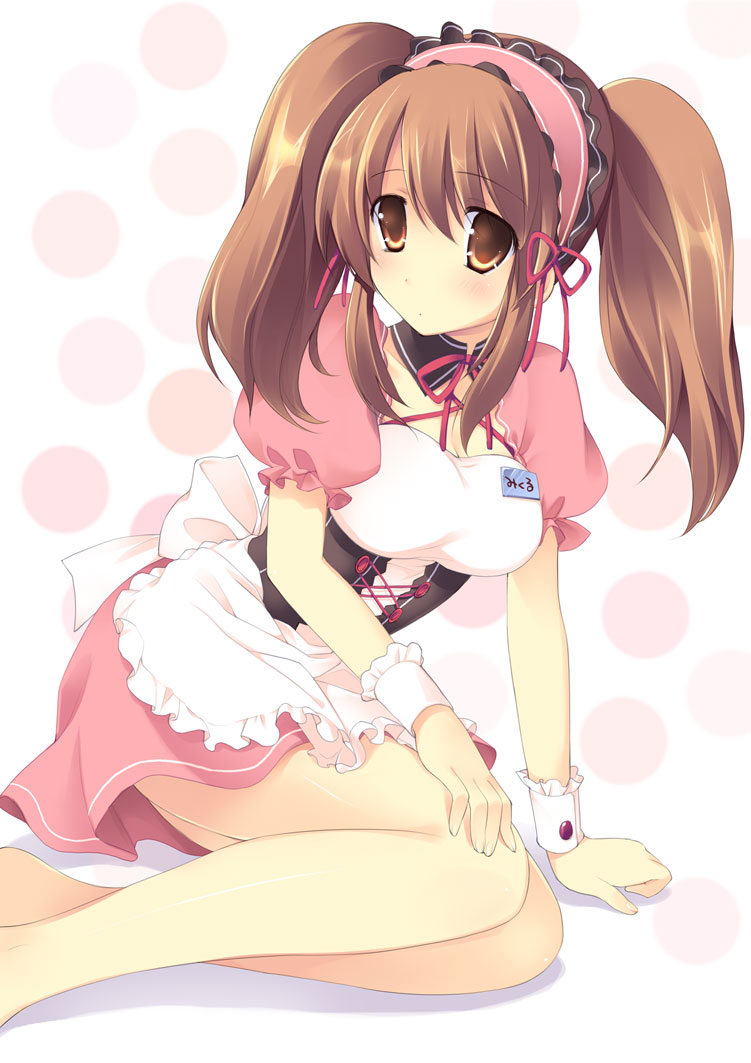 chany, asahina mikuru, suzumiya haruhi no yuuutsu, 00s, 1girl, apron, breasts, brown eyes, brown hair, cleavage, female focus, long hair, official alternate hairstyle, solo, twintails, waitress