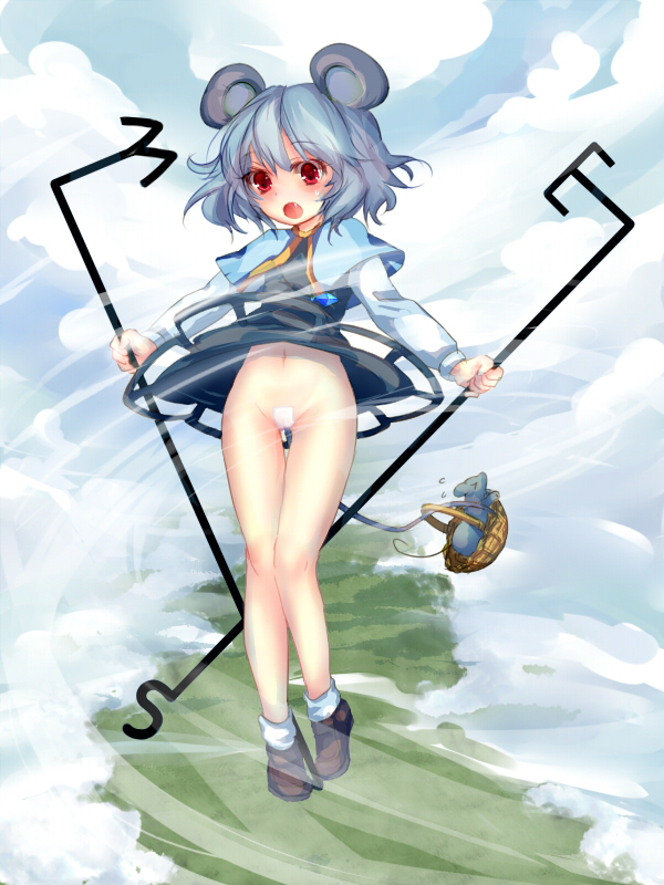 enone, nazrin, touhou, 1girl, animal ears, basket, blouse, blush, clothes lift, dowsing rod, female focus, floating, full body, grey hair, holding, holding with tail, jewelry, loafers, maebari, mouse (animal), mouse ears, mouse tail, necklace, no panties, outdoors, pendant, prehensile tail, red eyes, shirt, shoes, short hair, skirt, skirt lift, socks, solo, surprised, sweatdrop, tail, white shirt, white socks, wind, wind lift