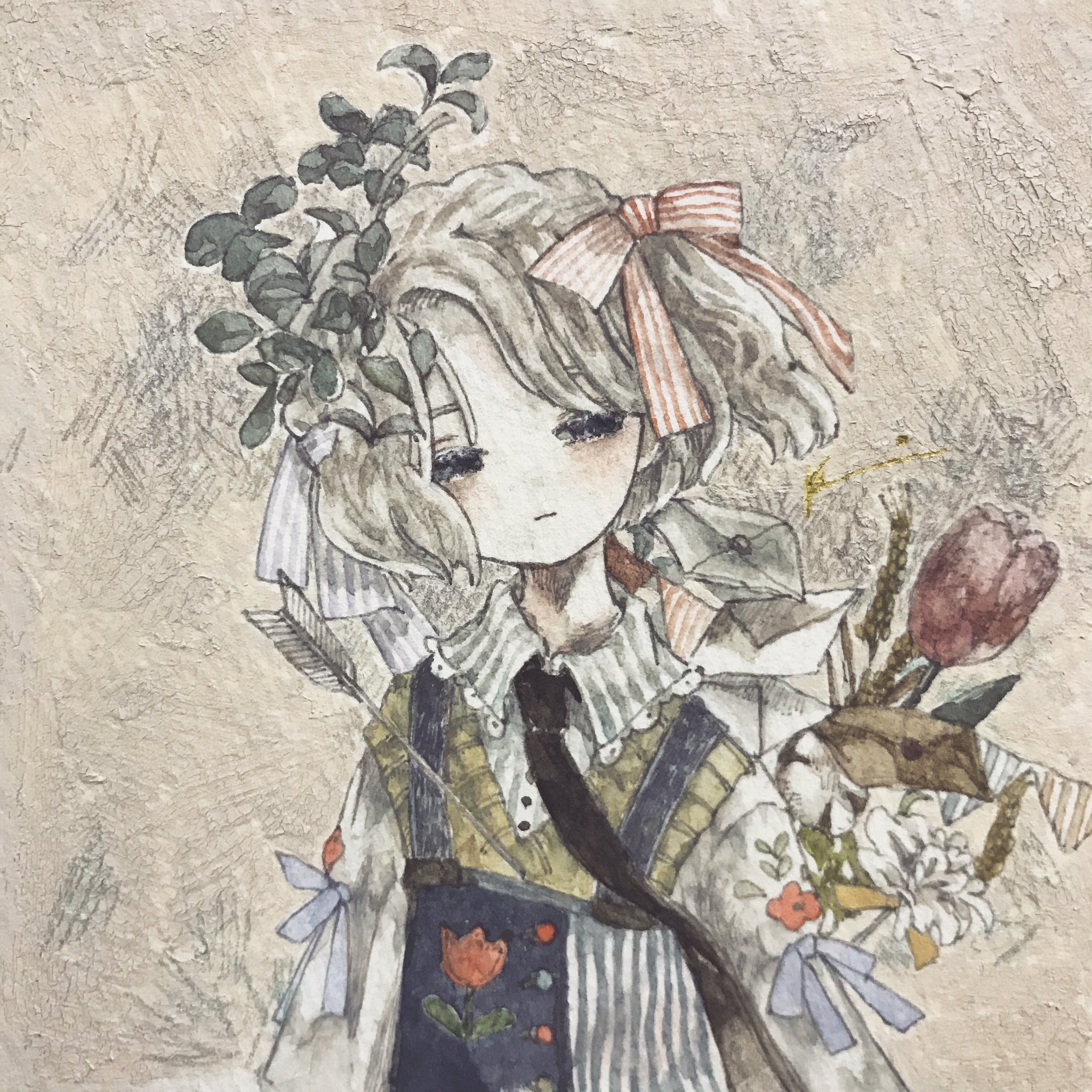 karintoun, original, acrylic paint (medium), commentary request, highres, painting (medium), traditional media, watercolor (medium), 1girl, apron, arrow (projectile), blue eyes, bouquet, bow, bowtie, brown hair, closed mouth, collared shirt, expressionless, floral print, flower, grey hair, hair ornament, hair ribbon, jewelry, leaf hair ornament, long sleeves, medium hair, messy hair, necklace, necktie, plant, portrait, ribbon, shirt, short hair, sidelocks, signature, straight-on, wavy hair, white hair