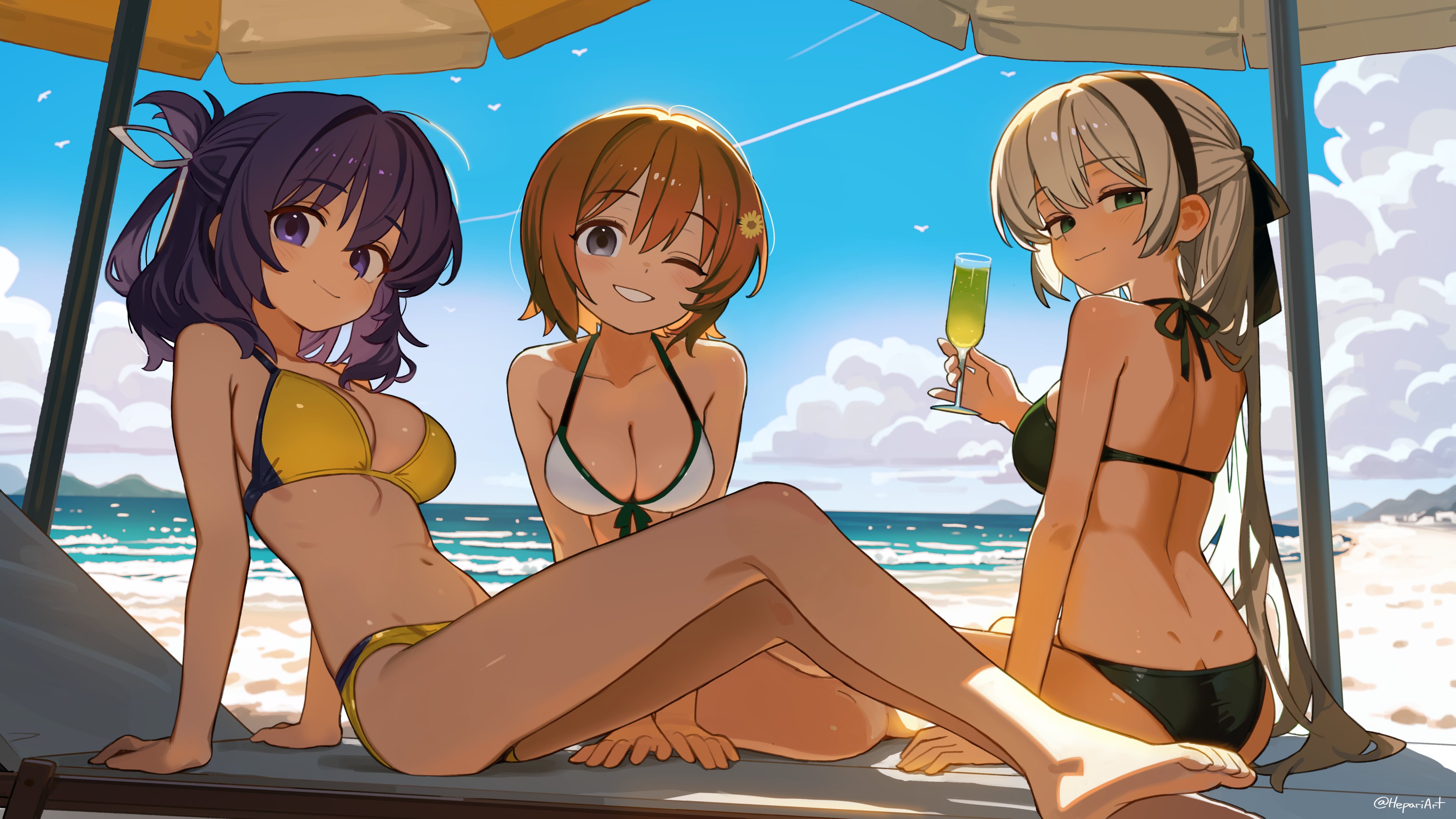 hepari, elie macdowell, noel seeker, rixia mao, ao no kiseki, eiyuu densetsu, absurdres, commentary, english commentary, highres, ass, barefoot, beach, blue eyes, blue sky, breasts, brown hair, cleavage, closed mouth, cloud, collarbone, cup, day, drinking glass, flower, full body, grey hair, grin, hair flower, hair ornament, holding, holding cup, large breasts, looking at viewer, navel, one eye closed, outdoors, purple hair, short hair, sitting, sky, smile, twitter username
