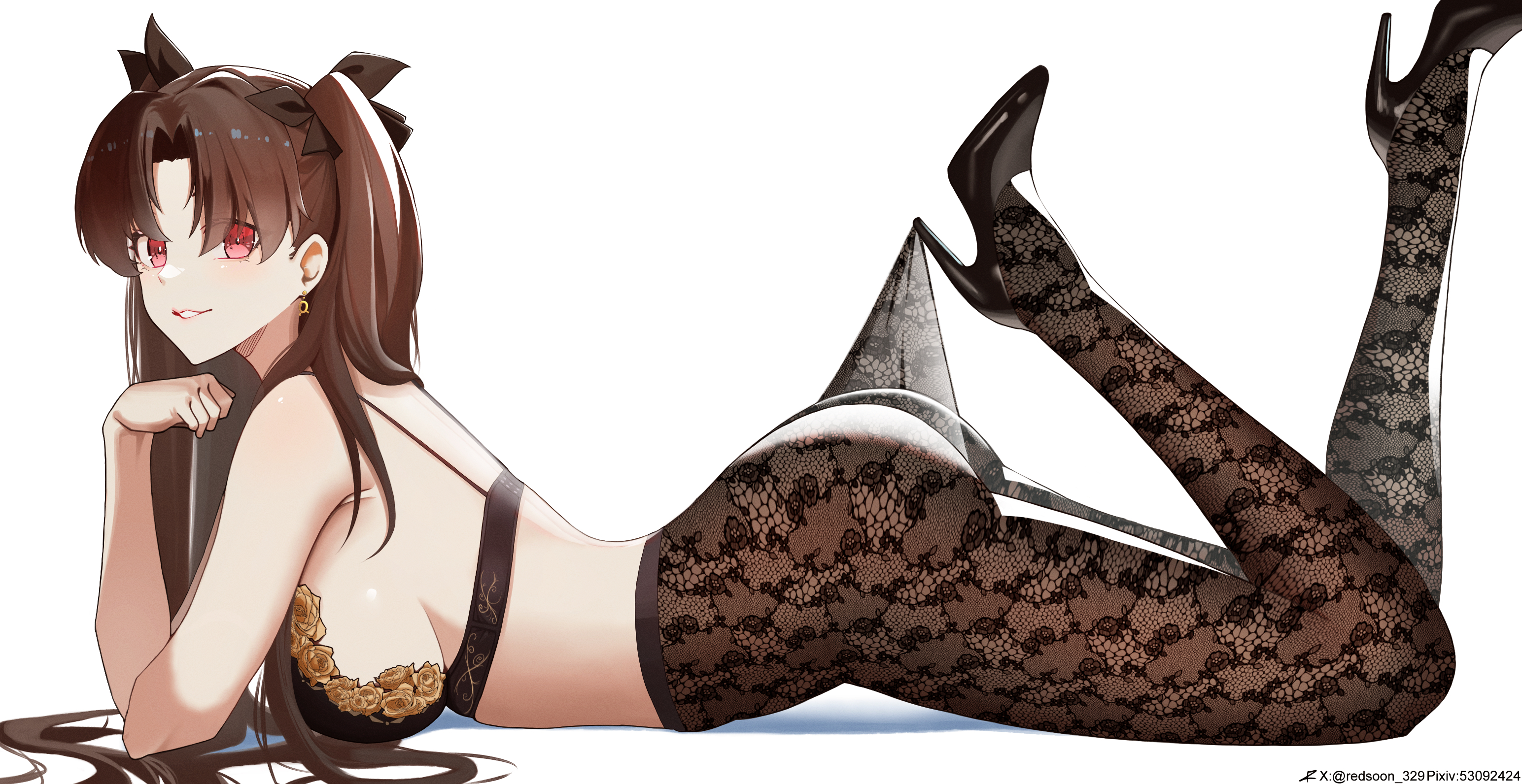 redsoon, ishtar (fate), fate/grand order, fate (series), commentary request, highres, 1girl, ass, black bra, bra, breasts, brown hair, earrings, elbow rest, from side, gold earrings, grin, high heels, jewelry, lace pantyhose hooked on heel (meme), long hair, looking at viewer, lying, medium breasts, meme, on stomach, pantyhose, red eyes, simple background, smile, solo, two side up, underwear, underwear only, very long hair, white background