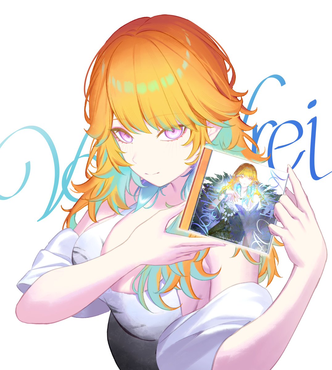 resu desu, takanashi kiara, hololive, hololive english, commentary, english commentary, 1girl, alternate costume, breasts, cd, earrings, feather earrings, feathers, green hair, holding cd, jewelry, large breasts, light smile, long hair, looking at viewer, multicolored hair, orange hair, purple eyes, simple background, solo, two-tone hair, virtual youtuber, white background