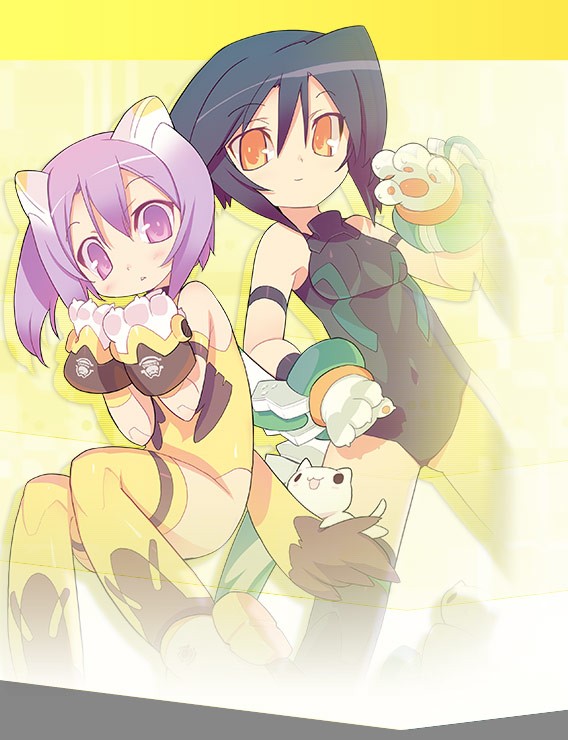 blade (galaxist), howling (busou shinki), maochao, partio, busou shinki, black legwear, yellow legwear, 10s, 2girls, :3, android, animal ears, animal hands, armband, black hair, blush, cat, cat ears, cat tail, claws, covered navel, doll joints, gloves, hair between eyes, joints, leotard, light smile, looking at viewer, multiple girls, orange eyes, parted lips, paw gloves, purple eyes, purple hair, short hair, sitting, smile, spread legs, standing, tail, thighhighs