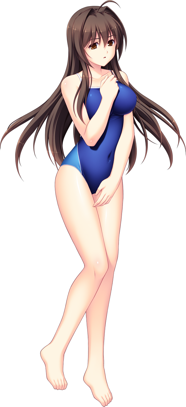 tsukumo kazuita, maishima yuri, nerawareta megami tenshi angel tear, game cg, highres, large variant set, non-web source, official art, variant set, 1girl, ahoge, barefoot, blue one-piece swimsuit, breasts, brown eyes, brown hair, collarbone, competition school swimsuit, competition swimsuit, covered navel, full body, hair intakes, hand on own chest, large breasts, long hair, one-piece swimsuit, school swimsuit, solo, standing, swimsuit, tachi-e, transparent background