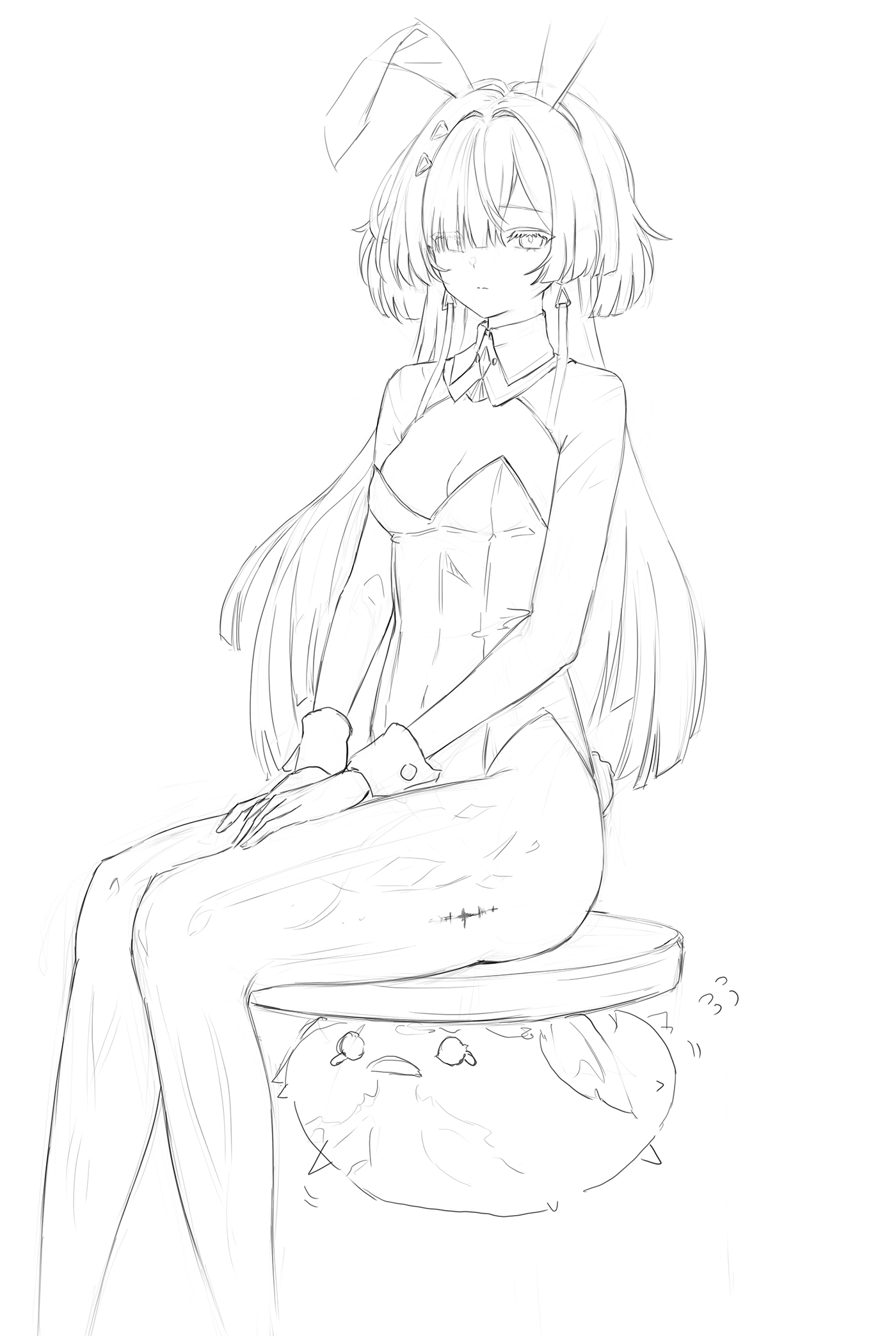 ddcc0123, mornye (wuthering waves), wuthering waves, commentary, highres, 1girl, alternate costume, animal ears, breasts, cleavage, closed mouth, earrings, fake animal ears, feet out of frame, flying sweatdrops, jewelry, knees together feet apart, leotard, lineart, long hair, looking at viewer, medium breasts, playboy bunny, prosthesis, prosthetic leg, rabbit ears, shrug (clothing), simple background, sitting, sketch, solo, strapless, strapless leotard, tacet mark (wuthering waves), triangle earrings, white background