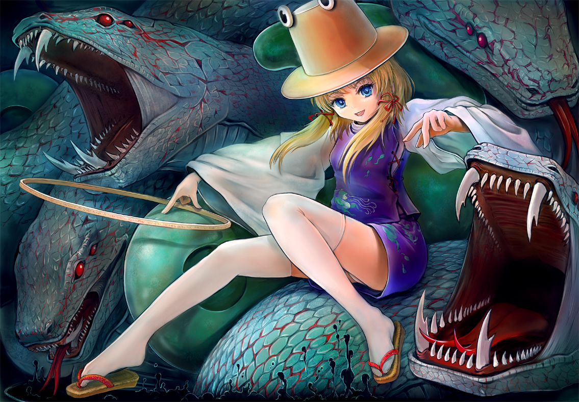 sai-go, mishaguji, moriya suwako, touhou, hoop, 1girl, animal, blonde hair, blue eyes, chakram, female focus, giant snake, hat, monster, moriya's iron rings, open mouth, oversized animal, panties, pantyshot, short hair, sitting, smirk, snake, solo, tabi, thighhighs, underwear, weapon, white thighhighs, wide sleeves, zettai ryouiki