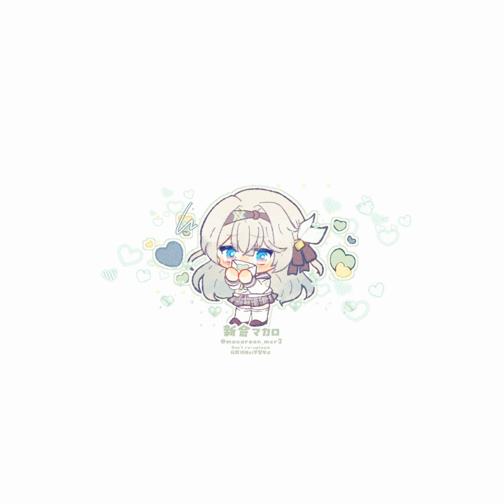 macaroon mcr2, firefly (honkai: star rail), firefly (spring missive) (honkai: star rail), honkai: star rail, honkai (series), commentary request, 1girl, black ribbon, blush, brown shoes, chibi, covering own mouth, gradient eyes, gradient hair, green pupils, grey hair, grey hairband, grey skirt, hair between eyes, hair intakes, hair ornament, hair ribbon, hairband, heart, letter, long hair, love letter, multicolored eyes, multicolored hair, pleated skirt, ribbon, shoes, simple background, skirt, solo, thighhighs, twitter username, white background, white thighhighs