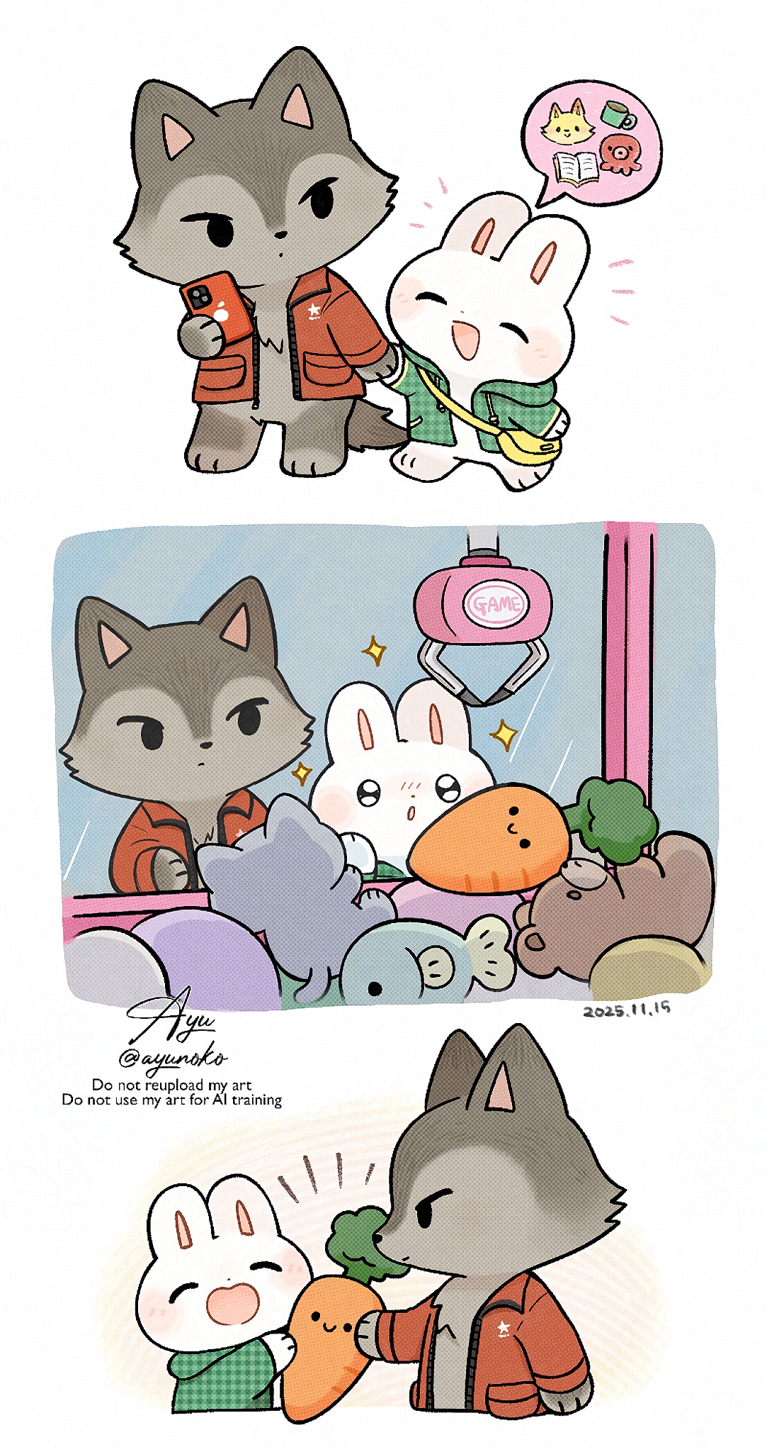 ayu (mog), original, commentary, english commentary, highres, :d, :o, ^ ^, animal, animal focus, carrot, closed eyes, closed mouth, crane game, dated, dot mouth, green shirt, holding hands, jacket, long sleeves, no humans, open clothes, open jacket, open mouth, plaid clothes, plaid shirt, rabbit, red jacket, shirt, signature, smile, solid circle eyes, sparkle, spoken object, twitter username, unmoving pattern, watermark, wolf