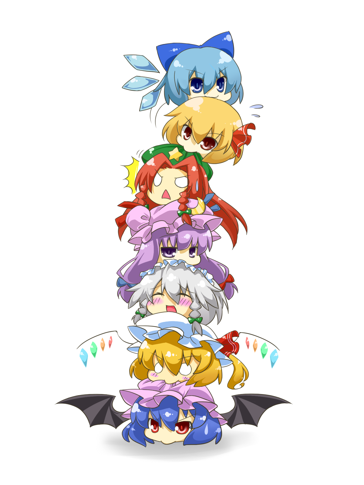 eiri (eirri), cirno, flandre scarlet, hong meiling, izayoi sakuya, patchouli knowledge, remilia scarlet, rumia, embodiment of scarlet devil, touhou, silver hair, bad id, bad pixiv id, highres, :>, :<, ^^^, biting, blonde hair, blue eyes, blue hair, blush, chibi, closed eyes, hat, human tower, no humans, o o, purple eyes, purple hair, red eyes, red hair, stacking, wings, yukkuri shiteitte ne
