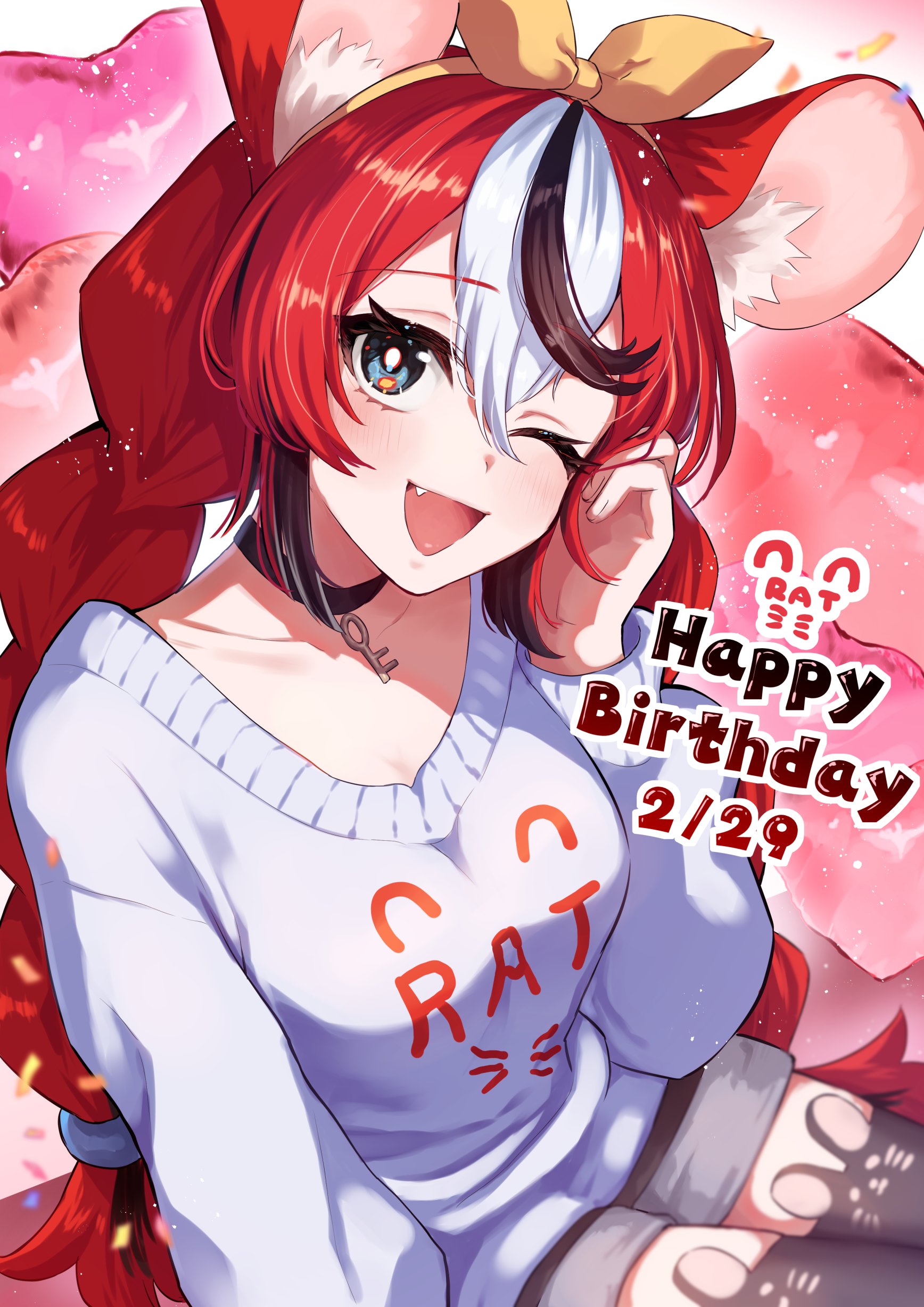 mizuse hazuki7, hakos baelz, strawberry baelz, hololive, hololive english, absurdres, highres, 1girl, adjusting hair, animal ear fluff, animal ear legwear, animal ears, birthday, black hair, black thighhighs, blue eyes, bow, braid, breasts, bright pupils, clothes writing, collarbone, confetti, double-parted bangs, english text, fang, hair between eyes, hairband, hand on own face, happy birthday, key, mouse ears, multicolored hair, one eye closed, open mouth, red hair, shorts, sitting, smile, sweater, thighhighs, thighs, twin braids, virtual youtuber, white hair, white sweater, yellow bow, yellow hairband, zettai ryouiki