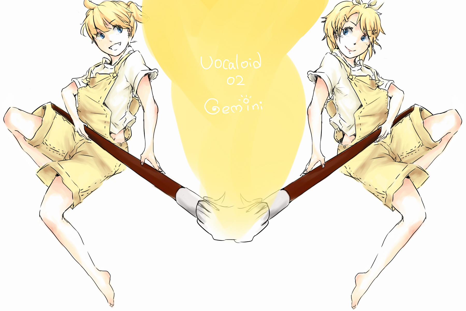 liadne, kagamine len, kagamine rin, gemini (vocaloid), vocaloid, bad id, bad pixiv id, highres, 1boy, 1girl, arm warmers, art brush, blonde hair, brother and sister, giant brush, hair ornament, hair ribbon, hairclip, overalls, paint, paintbrush, painting (action), ribbon, siblings, smile, twins