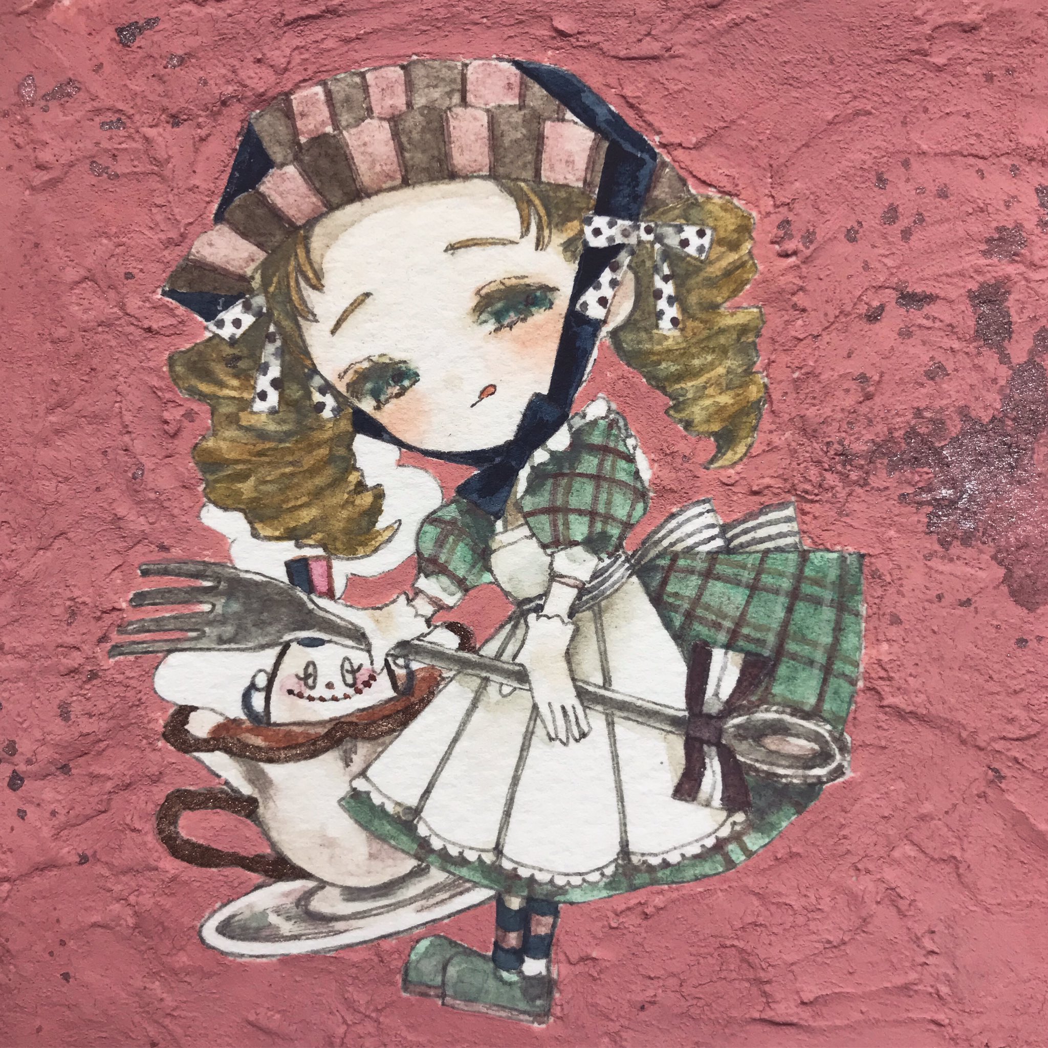 karintoun, original, acrylic paint (medium), highres, painting (medium), traditional media, watercolor (medium), 1girl, :q, ankle boots, apron, blonde hair, blush, boots, bow, chibi, cup, curly hair, dress, food, fork, full body, gloves, green dress, green eyes, green shoes, hair bow, hair ribbon, hand up, headscarf, holding, holding fork, lace, long sleeves, looking at viewer, maid, medium hair, pink background, pink bow, plaid clothes, plaid dress, ribbon, shoes, signature, simple background, smile, socks, solo focus, standing, striped clothes, striped socks, teacup, tongue, tongue out, white apron