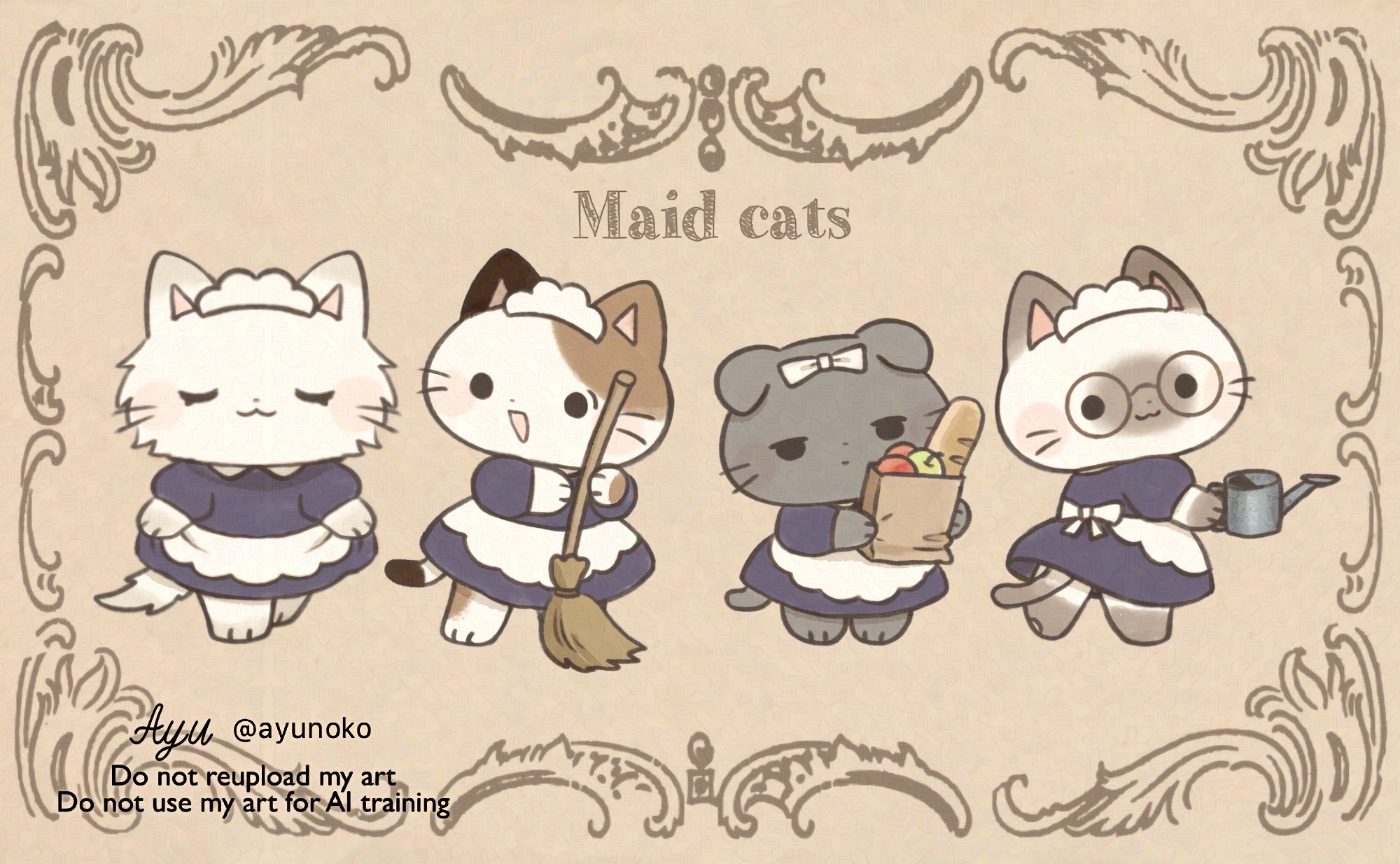 ayu (mog), original, commentary, english commentary, highres, :3, :d, animal, animal focus, apron, bag, blue dress, broom, calico (pattern), calico cat, cat, closed eyes, closed mouth, dress, ears down, english text, glasses, grey cat, grocery bag, holding, holding bag, holding broom, holding watering can, long sleeves, maid, maid headdress, no humans, open mouth, round eyewear, shopping bag, signature, smile, solid circle eyes, twitter username, watering can, watermark, white apron, white cat