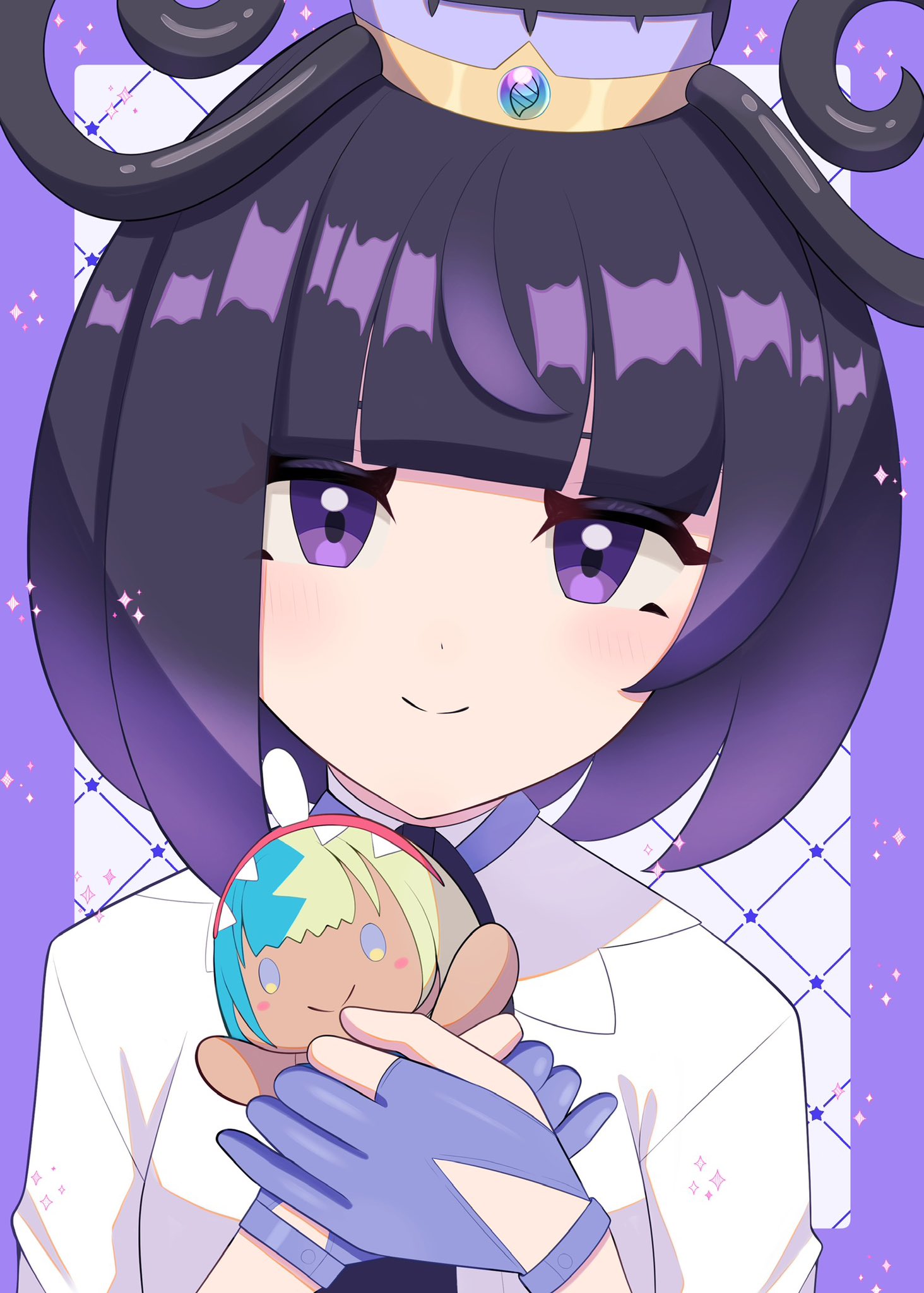 nemunemu 0826, gwynn (pokemon), nintendo, pokemon, pokemon legends: z-a, commentary request, highres, 1girl, black dress, black hair, blue gloves, blunt bangs, blush, bob cut, canari plush (pokemon), character doll, closed mouth, coat, doll, dress, gloves, gradient hair, hat, holding, holding doll, long sleeves, looking at viewer, multicolored hair, open clothes, open coat, partially fingerless gloves, purple eyes, purple hair, short hair, solo, white coat, zooming in