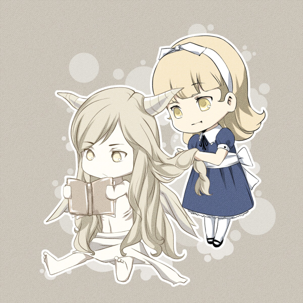 oglee, alice (megami tensei), helel (megami tensei), lucifer (megami tensei), atlus, shin megami tensei, 1boy, 1girl, angel, blonde hair, chibi, demon (megami tensei), dress, hairband, long hair, mary janes, shoes, wings, yellow eyes