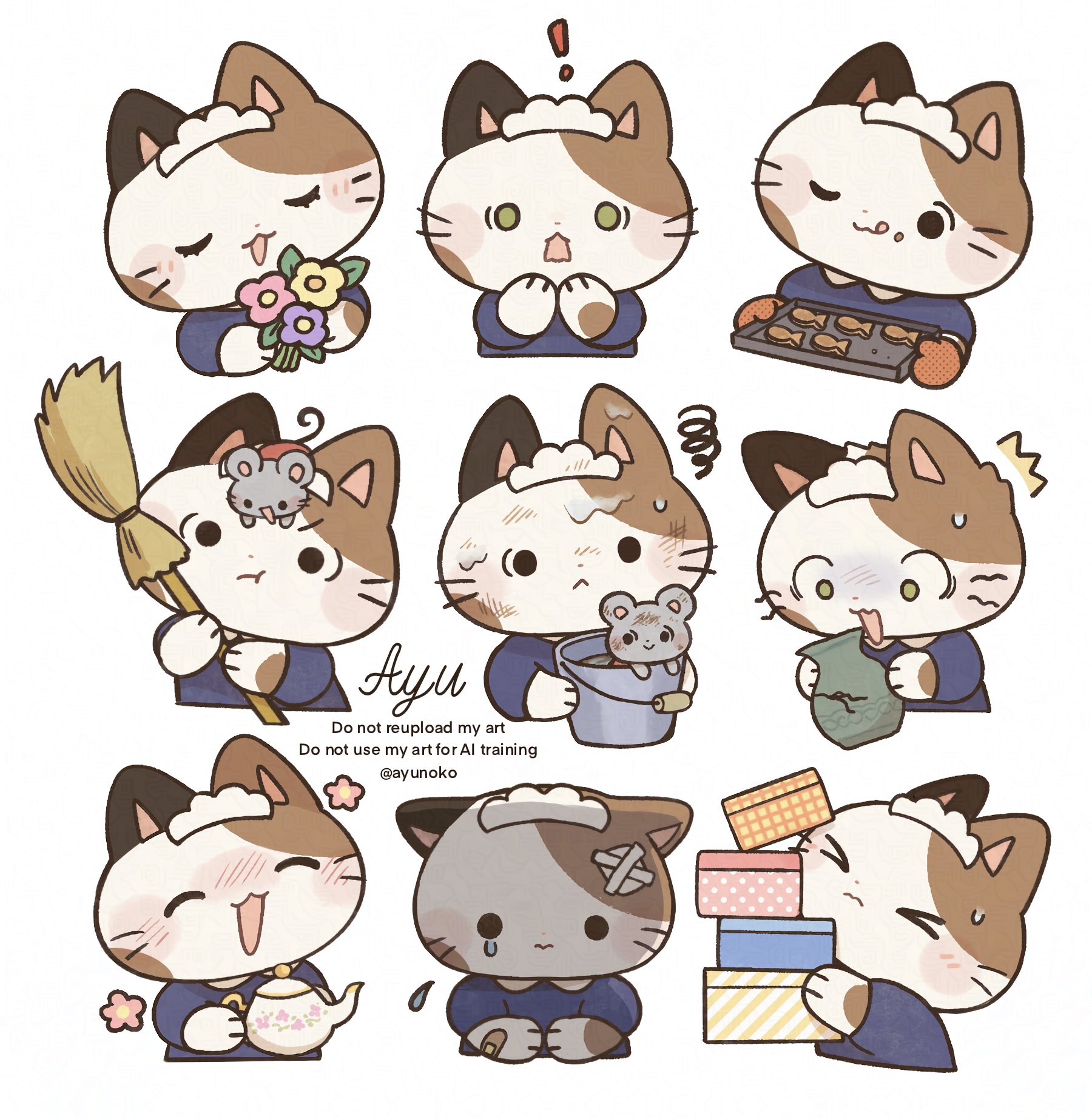 ayu (mog), original, commentary request, highres, > <, :<, :3, :d, :t, ;3, ;q, animal, animal focus, animal on head, blue dress, bouquet, broom, bucket, calico (pattern), calico cat, closed eyes, closed mouth, dress, flower, holding, holding bouquet, holding broom, holding bucket, holding vase, long sleeves, maid, maid headdress, mouse (animal), multiple views, no humans, on head, one eye closed, open mouth, signature, simple background, smile, solid circle eyes, squiggle, sweatdrop, teardrop, tongue, tongue out, watermark, whiskers, white background, yellow flower