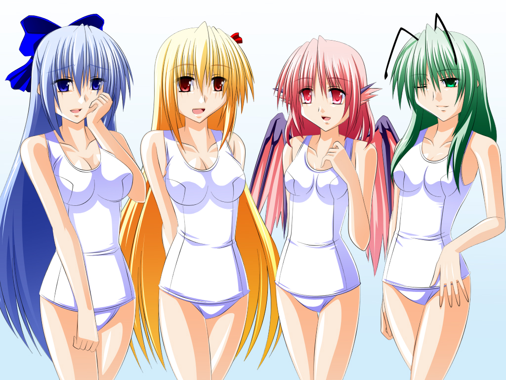 engo (aquawatery), cirno, mystia lorelei, rumia, wriggle nightbug, touhou, alternate breast size, 4girls, aged up, alternate hair length, alternate hairstyle, antennae, blonde hair, blue eyes, blue hair, bow, breasts, green eyes, green hair, hair bow, hair ribbon, large breasts, long hair, multiple girls, one-piece swimsuit, one eye closed, pink eyes, pink hair, red eyes, ribbon, school swimsuit, short hair, swimsuit, team 9 (touhou), white one-piece swimsuit, white school swimsuit, wings, wink