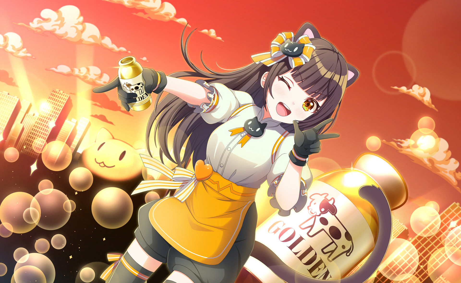 shama (maimai), yanagiba panda, maimai (game), world dai star, commentary request, game cg, highres, official art, third-party source, 1girl, ;d, animal ears, apron, black gloves, black shorts, blush, bow, breasts, brown hair, cat ears, cosplay, gloves, holding, holding microphone, long hair, looking at viewer, microphone, one eye closed, open mouth, puffy short sleeves, puffy sleeves, shama (maimai) (cosplay), shirt, short sleeves, shorts, smile, solo, standing, tail, thighhighs, v, virtual youtuber, white shirt, yellow eyes