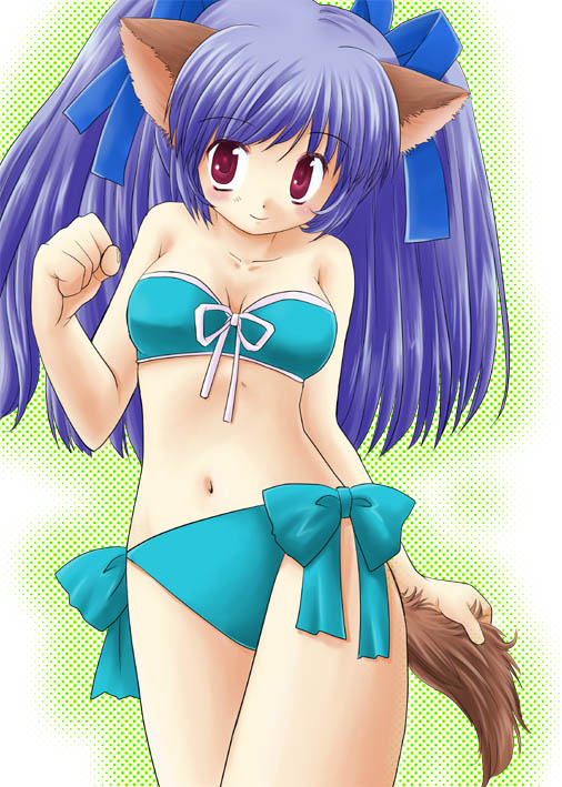 minami kawa, original, 1girl, animal ears, bikini, blue hair, dog ears, dog tail, female focus, holding own tail, long hair, paw pose, red eyes, ribbon, smile, solo, swimsuit, tail, tail grab, twintails