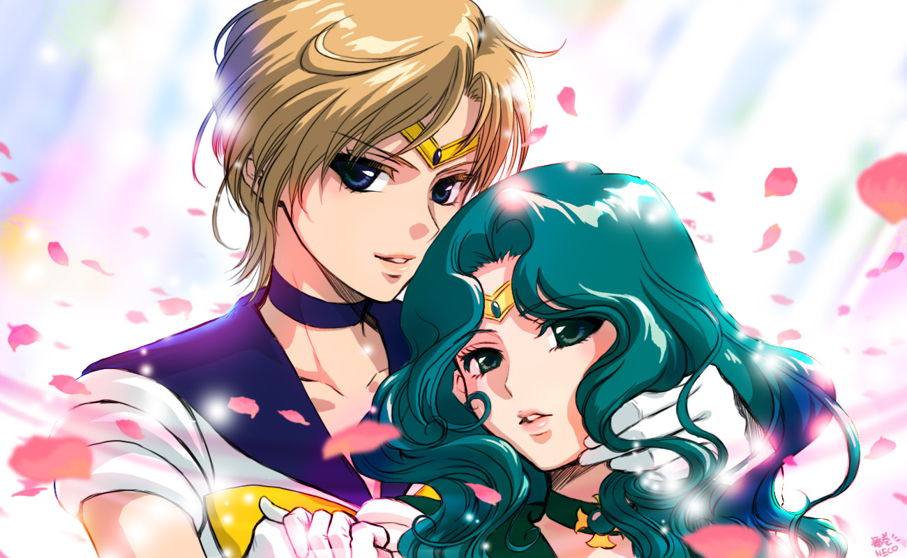 fukumaki neco, kaiou michiru, sailor neptune, sailor uranus, ten'ou haruka, bishoujo senshi sailor moon, bad id, bad pixiv id, 1990s (style), 2girls, aqua choker, blonde hair, blue eyes, blue sailor collar, bow, choker, couple, earrings, gloves, green hair, jewelry, lips, magical girl, multiple girls, outer senshi, petals, retro artstyle, sailor collar, sailor senshi, short hair, tiara, white gloves, yellow bow, yuri