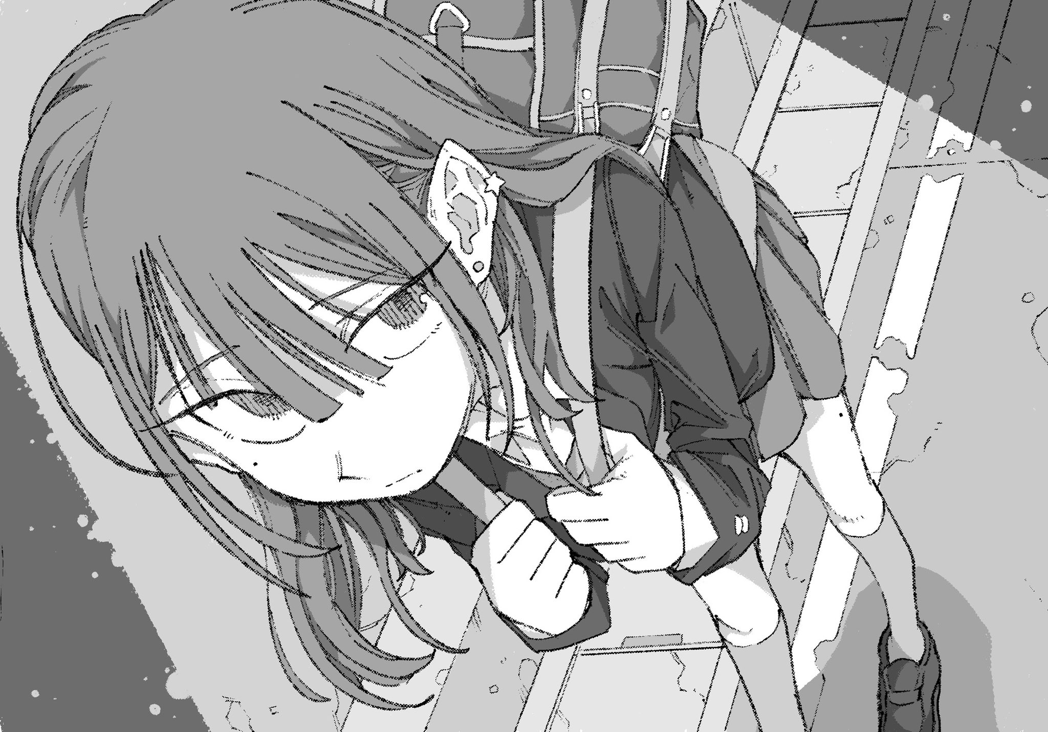 original, highres, 1girl, bag, blazer, closed mouth, foreshortening, greyscale, jacket, kneehighs, loafers, long hair, long sleeves, mole, mole under eye, monochrome, nemaki haru, pleated skirt, school bag, school uniform, shoes, skirt, socks, solo, star (symbol)