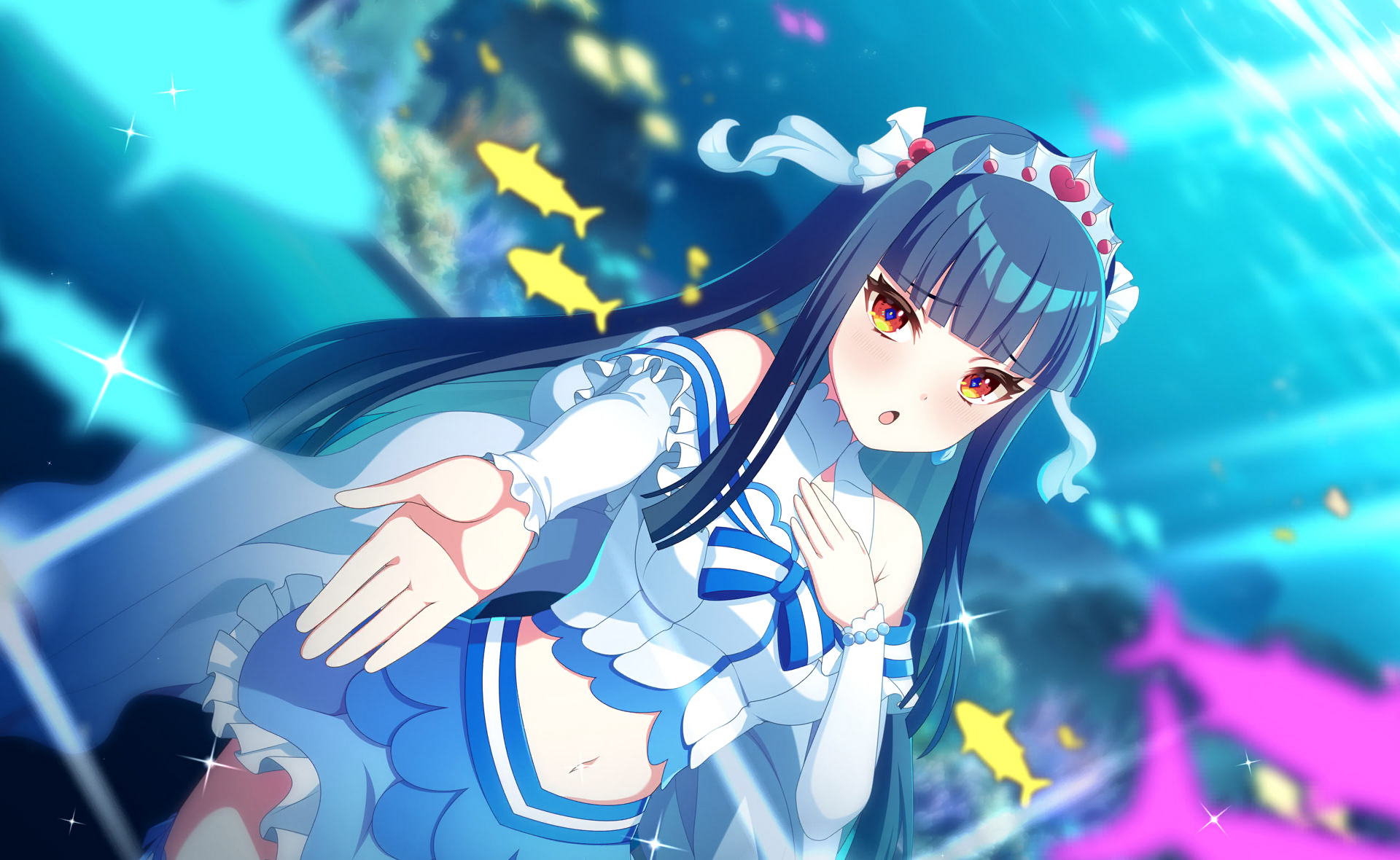 senju koyomi, world dai star, commentary request, game cg, highres, official art, third-party source, 1girl, bare shoulders, black hair, blue hair, blue skirt, blunt bangs, blurry, blurry background, blurry foreground, blush, bow, breasts, cowboy shot, crop top, depth of field, detached sleeves, frills, idol, long hair, looking at viewer, medium breasts, midriff, miniskirt, navel, open mouth, shirt, sidelocks, skirt, solo, sparkle, sparkle background, standing, stomach, tiara, very long hair
